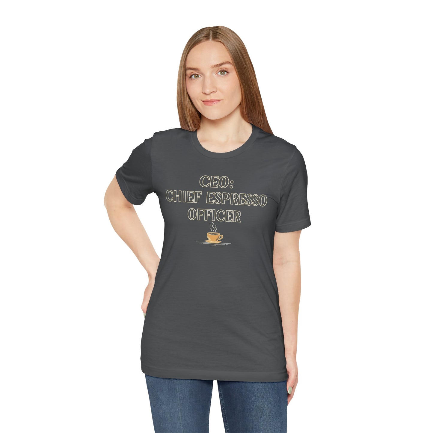 "CEO: Chief Espresso Officer" CW-1 Unisex Jersey T-Shirt for Baristas, Funny Coffee Shirt for Gifts, Perfect for Birthdays, Coffee Shop Outfits