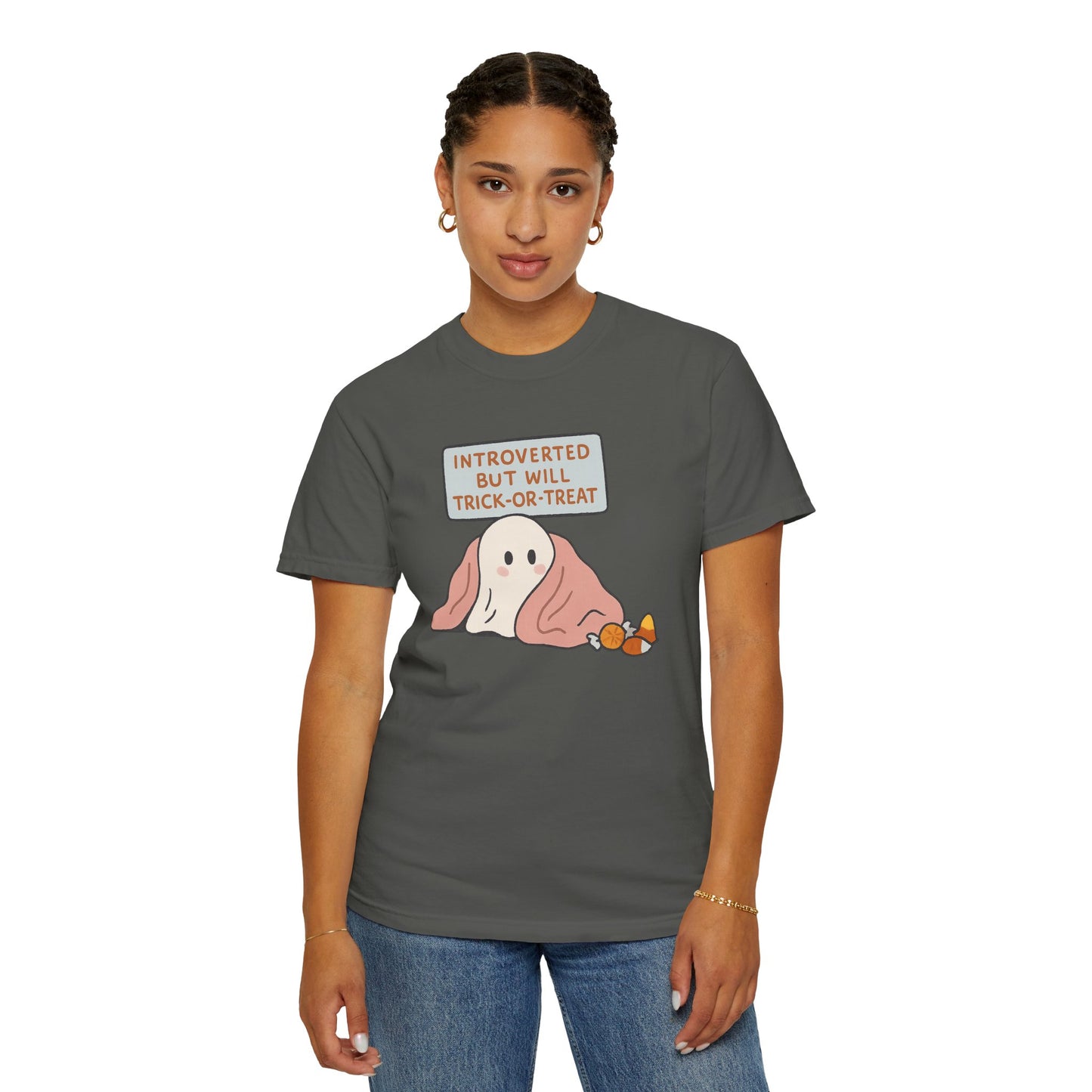 "Introverted But Will Trick or Treat" Unisex Halloween Tee, Funny Trick-or-Treat Shirt, Spooky Season Apparel, Gift for Introverts