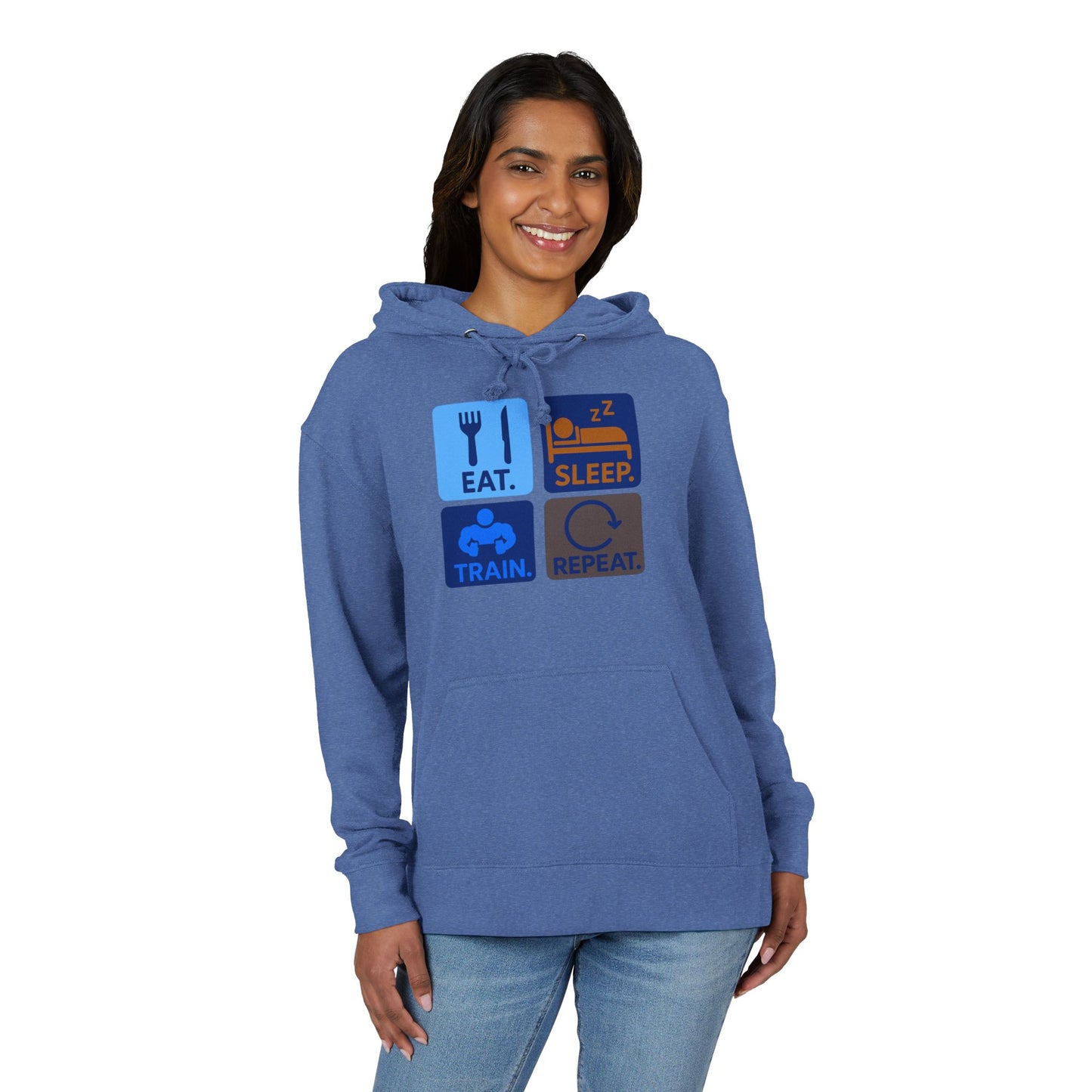"EAT.SLEEP.TRAIN.REPEAT." Statement Hoodie for Fitness Lovers, Cozy Workout Gear, Athletic Hoodie, Motivational Hoodie, Gym Apparel