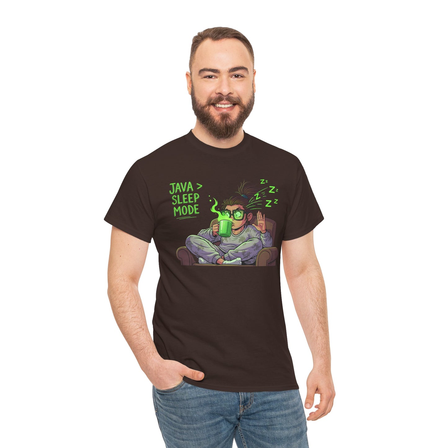 "Java > Sleep Mode" CW-1 Unisex Heavy Cotton Tee, Casual Wear, Gift for Coffee Lovers, Relaxation Shirt, Graphic Tee for Holidays
