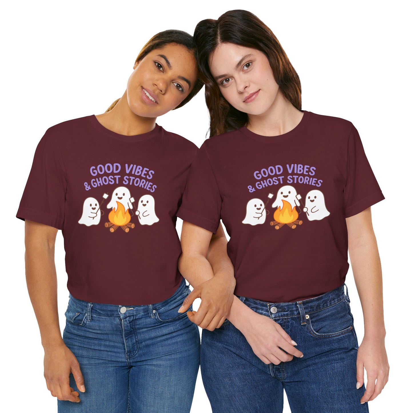 "Good Vibes & Ghost Stories" Unisex Jersey Short Sleeve Shirt for Halloween, Campfire Nights, Cozy Gatherings, Spirit Enthusiasts