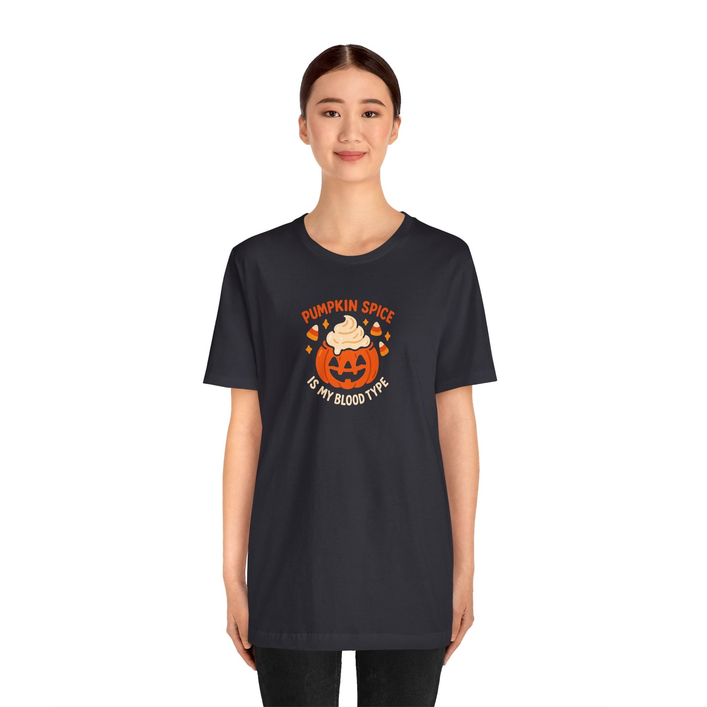 "Pumpkin Spice is My Blood Type" Short Sleeve Tee Fall Fashion, Halloween Shirt, Coffee Lover Gift, Autumn Wardrobe, Seasonal Tee