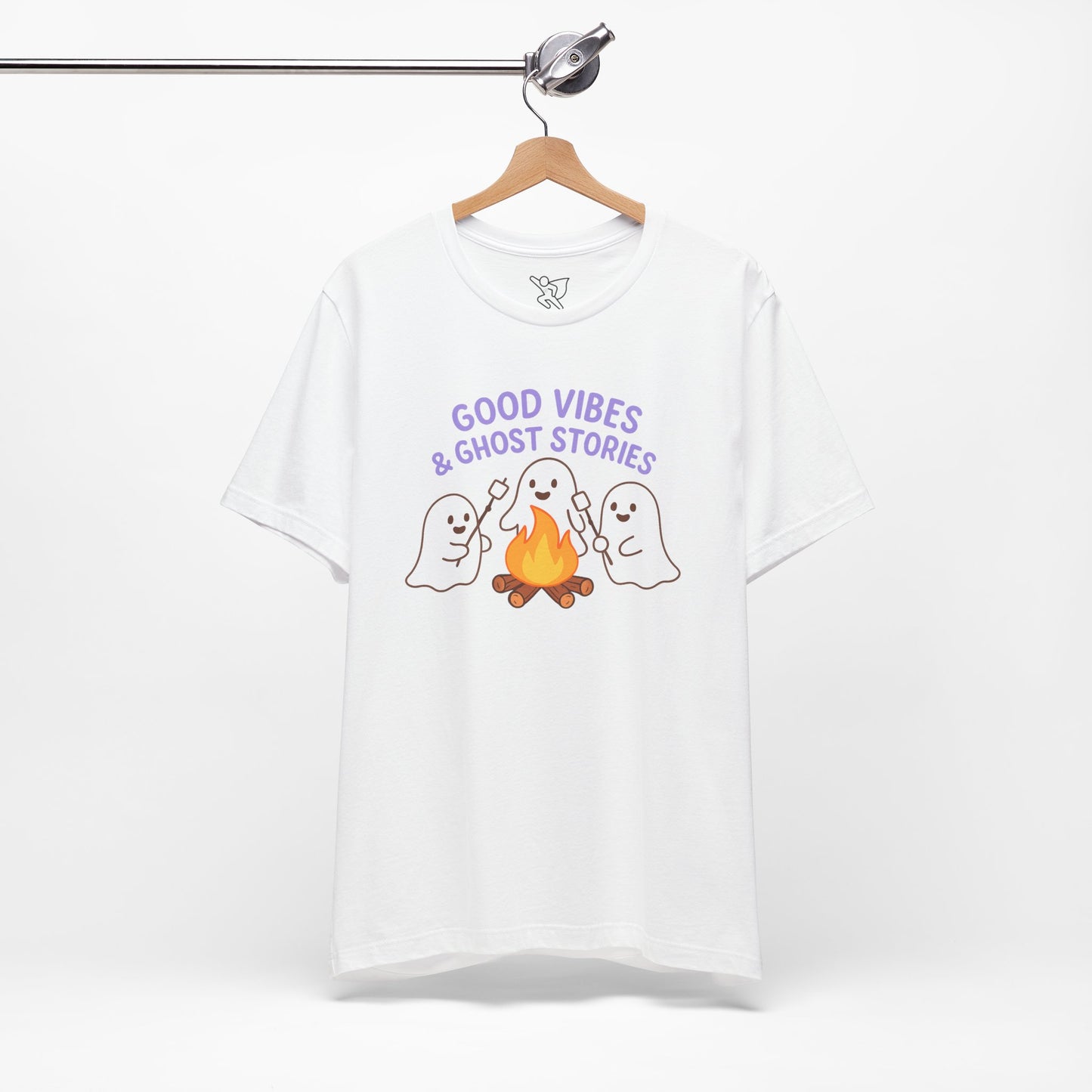 "Good Vibes & Ghost Stories" Unisex Jersey Short Sleeve Shirt for Halloween, Campfire Nights, Cozy Gatherings, Spirit Enthusiasts