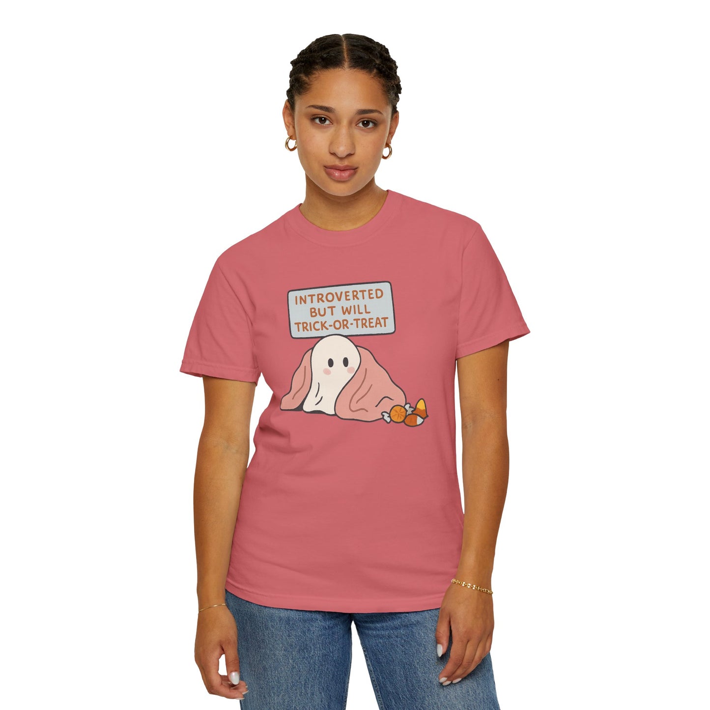 "Introverted But Will Trick or Treat" Unisex Halloween Tee, Funny Trick-or-Treat Shirt, Spooky Season Apparel, Gift for Introverts