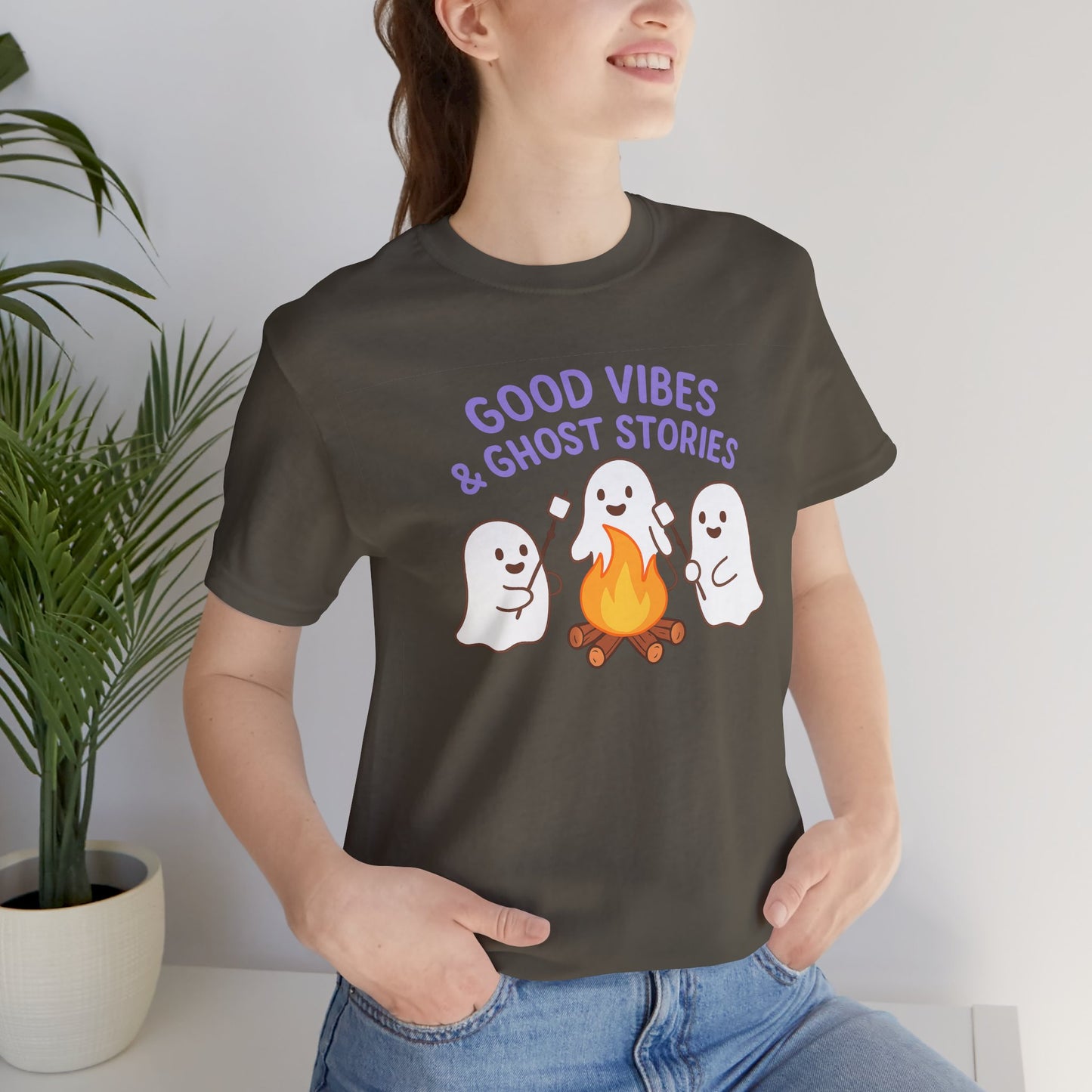 "Good Vibes & Ghost Stories" Unisex Jersey Short Sleeve Shirt for Halloween, Campfire Nights, Cozy Gatherings, Spirit Enthusiasts