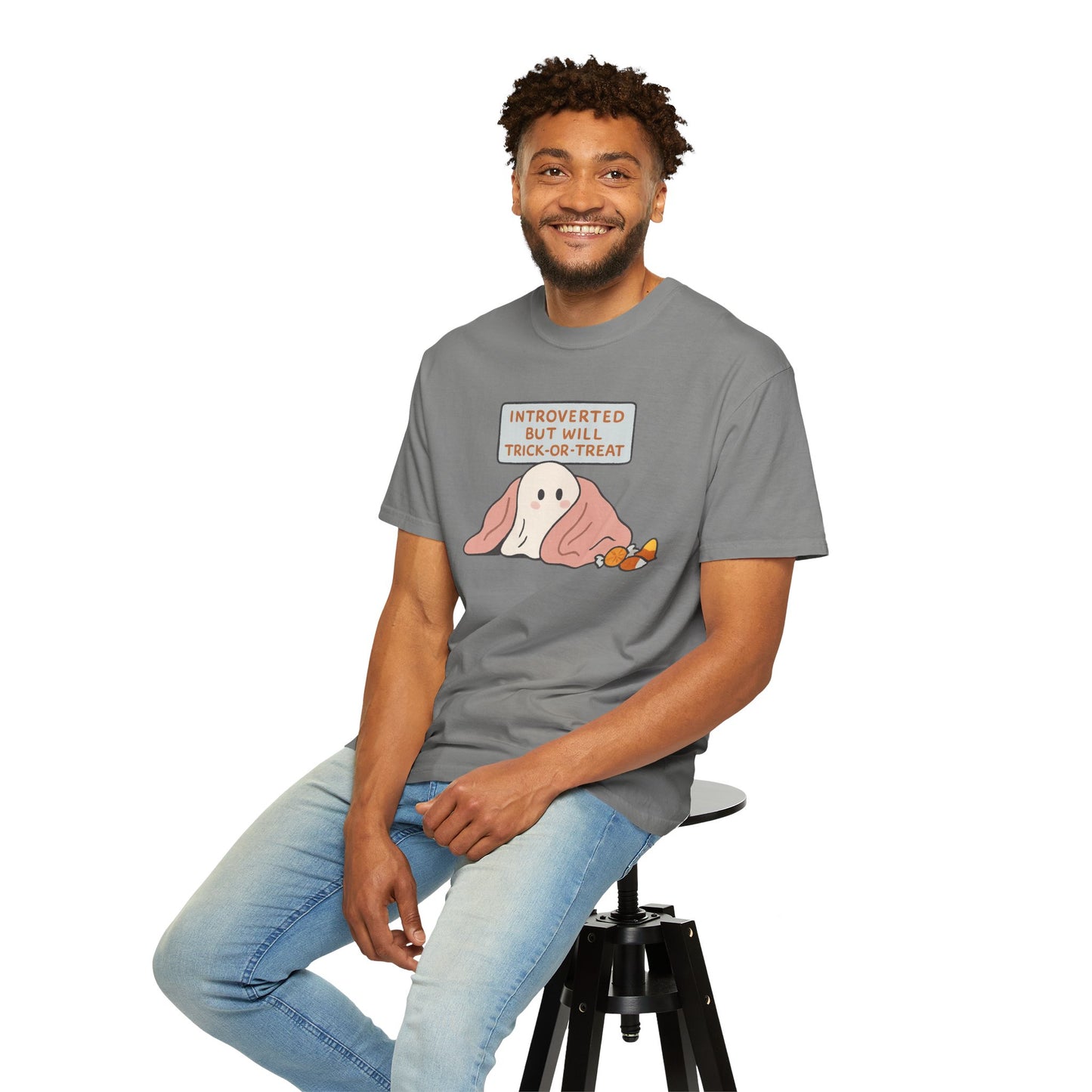 "Introverted But Will Trick or Treat" Unisex Halloween Tee, Funny Trick-or-Treat Shirt, Spooky Season Apparel, Gift for Introverts
