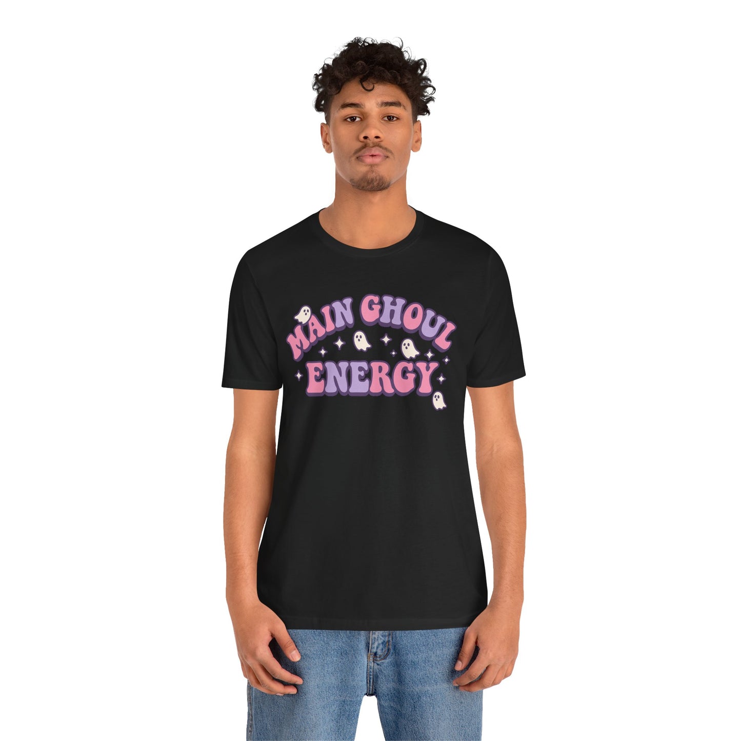 "Main Ghoul Energy" Unisex Short Sleeve T-Shirt, Halloween Party Shirt, Cute Graphic Tee, Gift for Ghost Lovers, Trendy Casual Wear