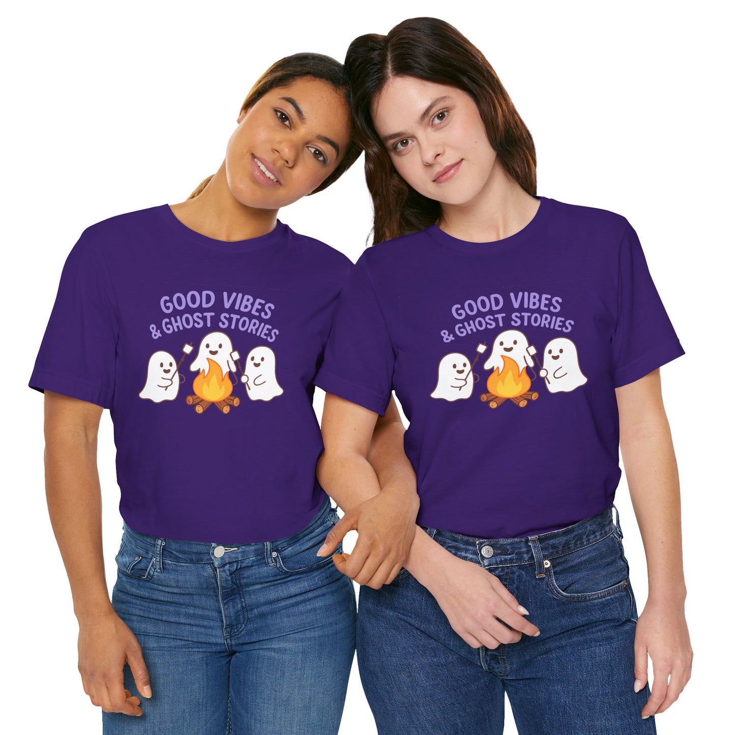 "Good Vibes & Ghost Stories" Unisex Jersey Short Sleeve Shirt for Halloween, Campfire Nights, Cozy Gatherings, Spirit Enthusiasts