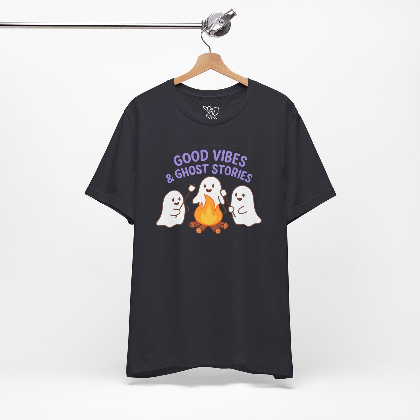 "Good Vibes & Ghost Stories" Unisex Jersey Short Sleeve Shirt for Halloween, Campfire Nights, Cozy Gatherings, Spirit Enthusiasts