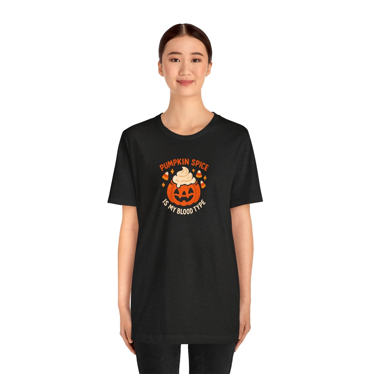 "Pumpkin Spice is My Blood Type" Short Sleeve Tee Fall Fashion, Halloween Shirt, Coffee Lover Gift, Autumn Wardrobe, Seasonal Tee