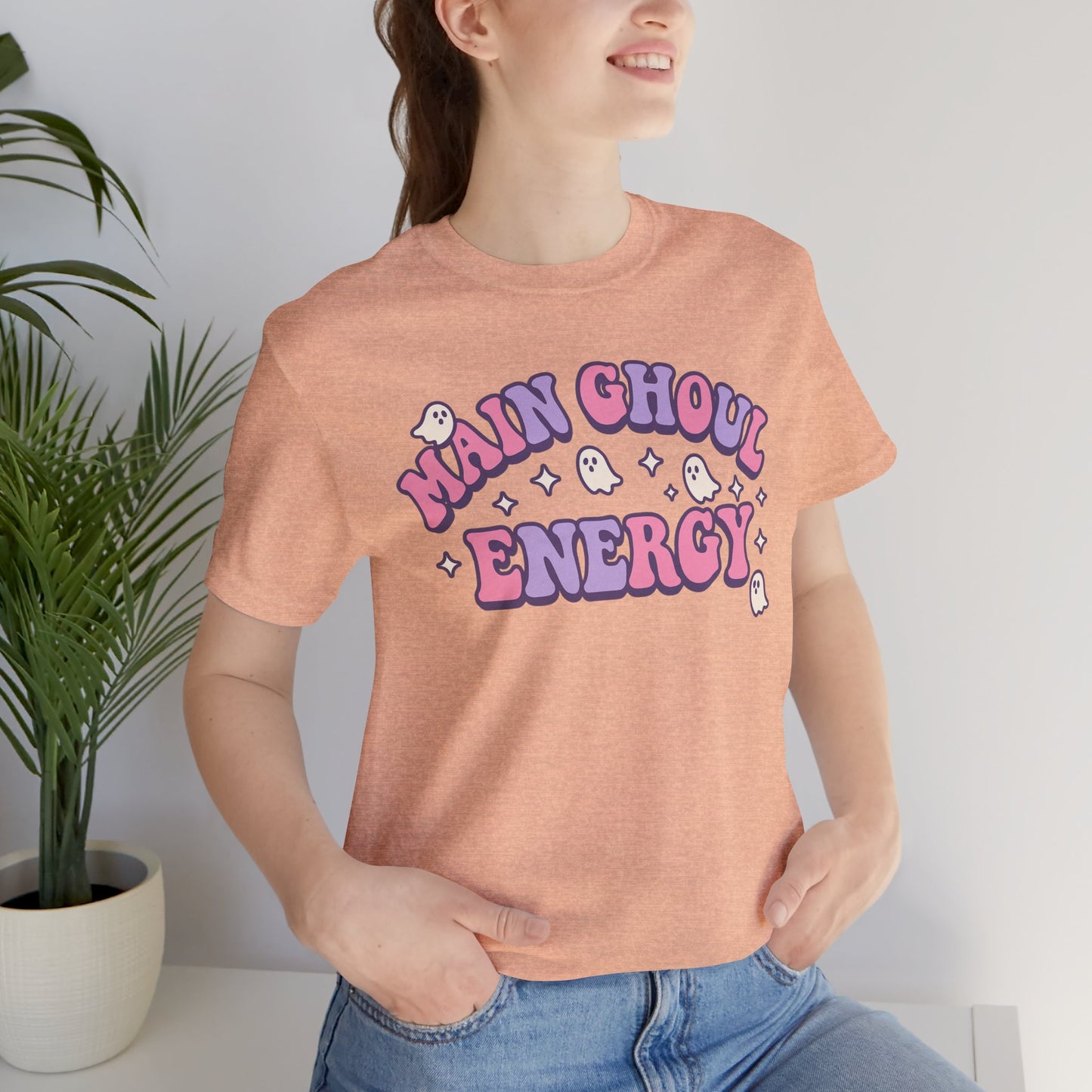 "Main Ghoul Energy" Unisex Short Sleeve T-Shirt, Halloween Party Shirt, Cute Graphic Tee, Gift for Ghost Lovers, Trendy Casual Wear