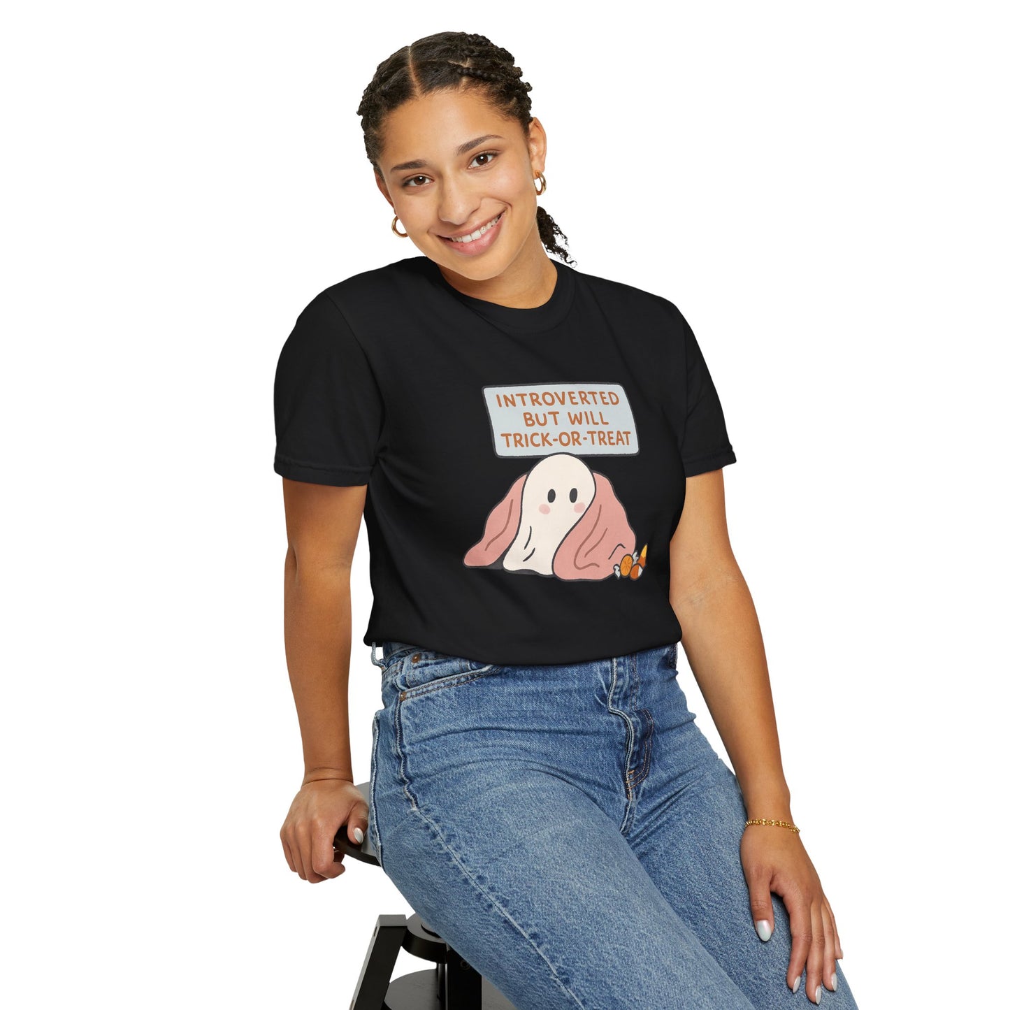 "Introverted But Will Trick or Treat" Unisex Halloween Tee, Funny Trick-or-Treat Shirt, Spooky Season Apparel, Gift for Introverts