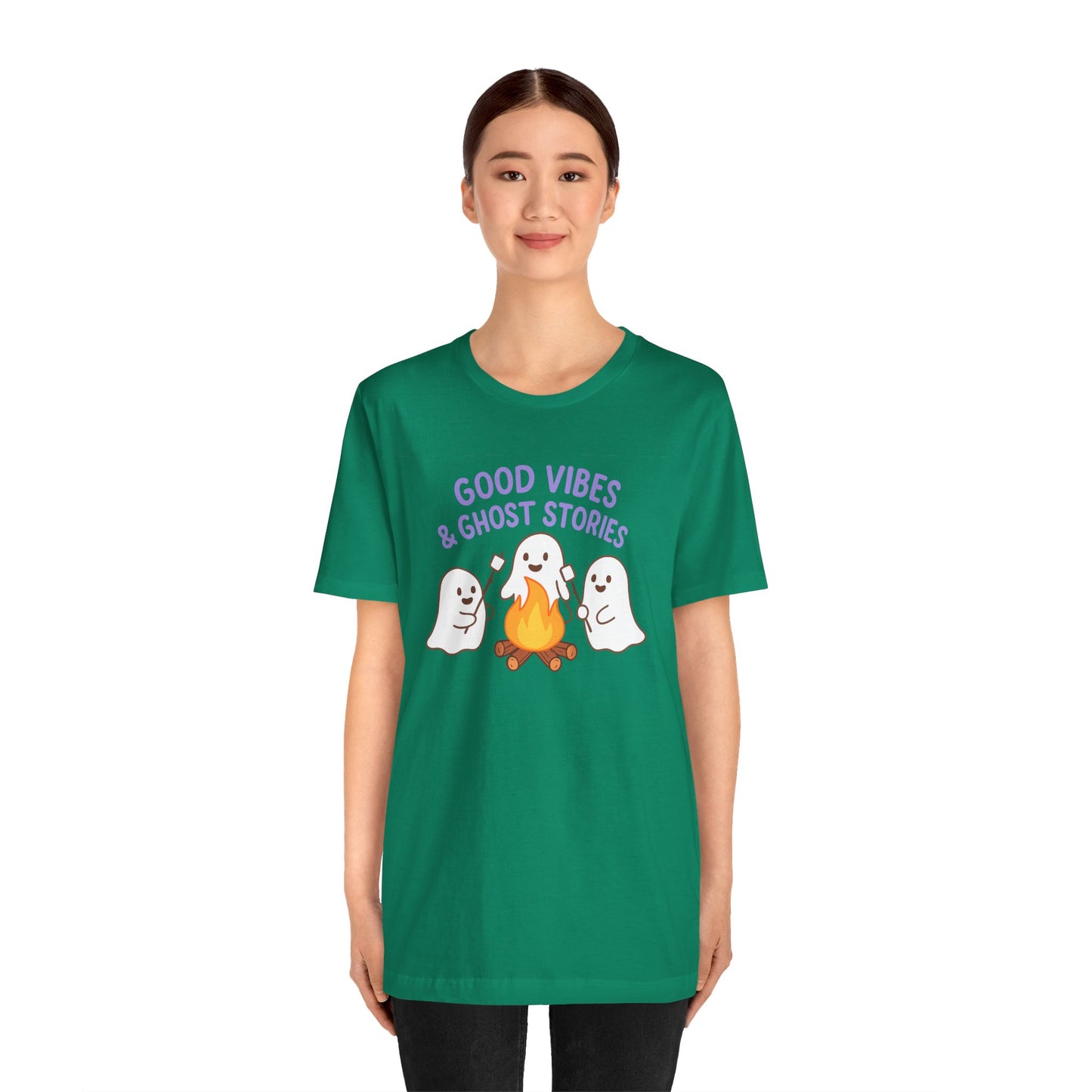 "Good Vibes & Ghost Stories" Unisex Jersey Short Sleeve Shirt for Halloween, Campfire Nights, Cozy Gatherings, Spirit Enthusiasts