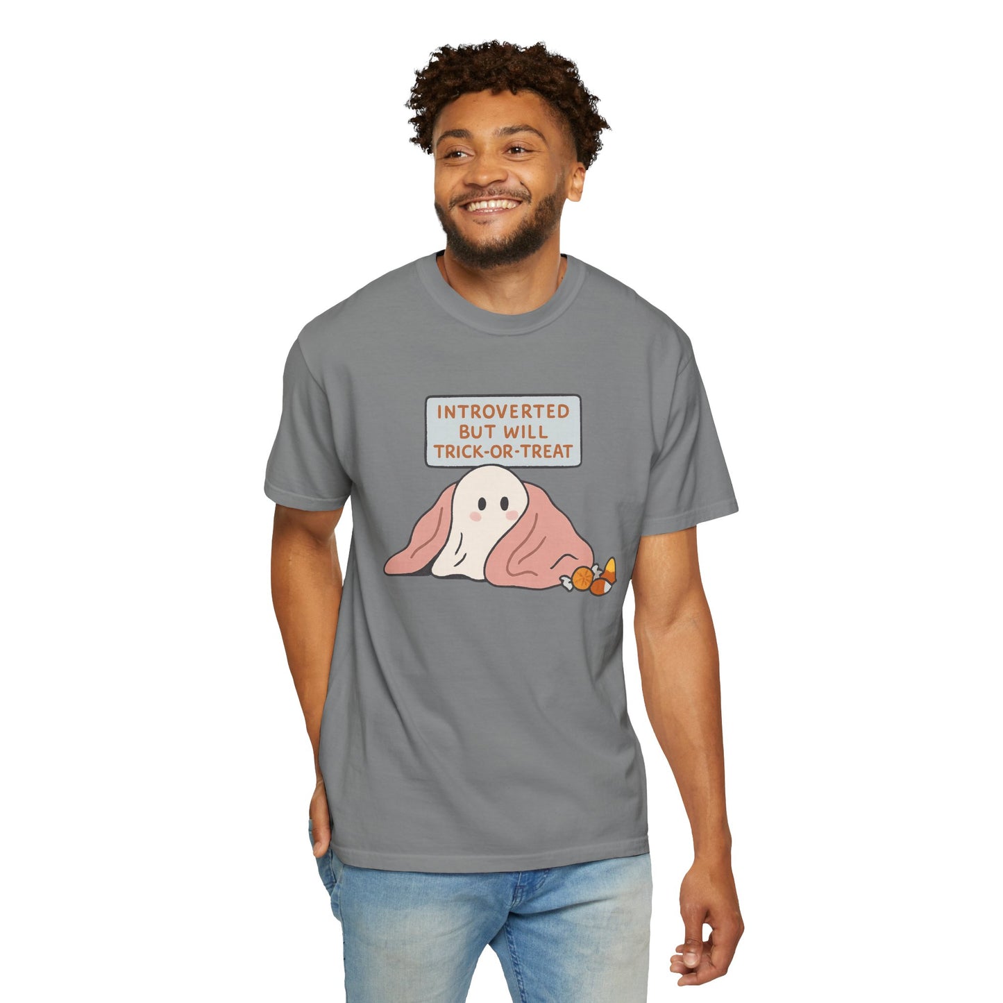 "Introverted But Will Trick or Treat" Unisex Halloween Tee, Funny Trick-or-Treat Shirt, Spooky Season Apparel, Gift for Introverts