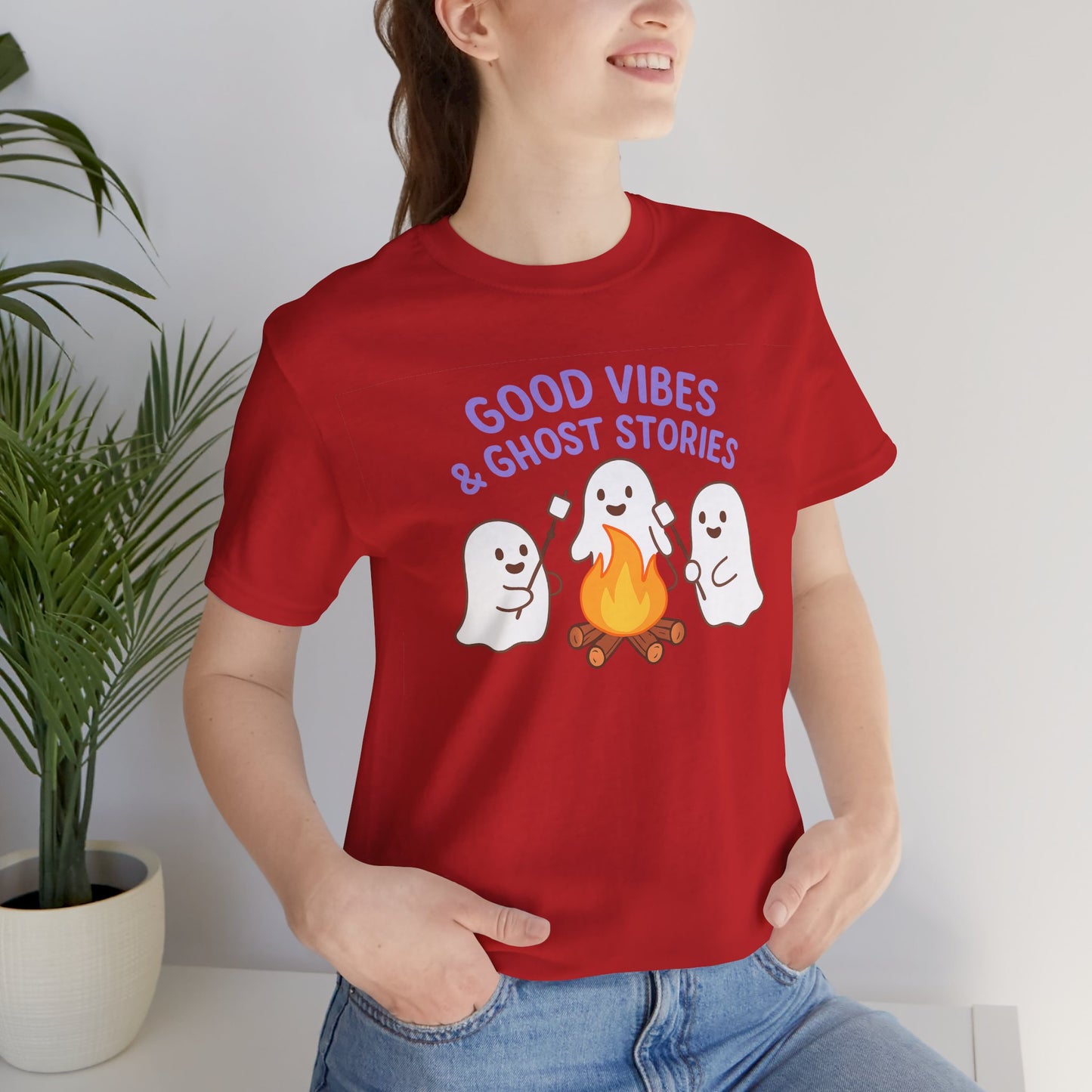 "Good Vibes & Ghost Stories" Unisex Jersey Short Sleeve Shirt for Halloween, Campfire Nights, Cozy Gatherings, Spirit Enthusiasts