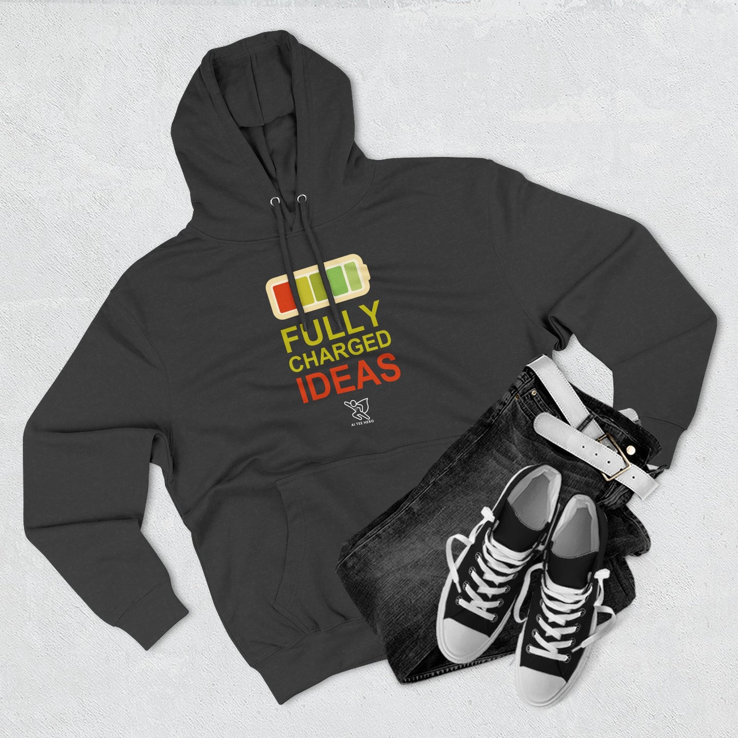 "Fully Charged Ideas" Motivational Fleece Sweatshirt, Cozy Gift for Creatives, Perfect for Inspiration, Fun Wear for All Occasions