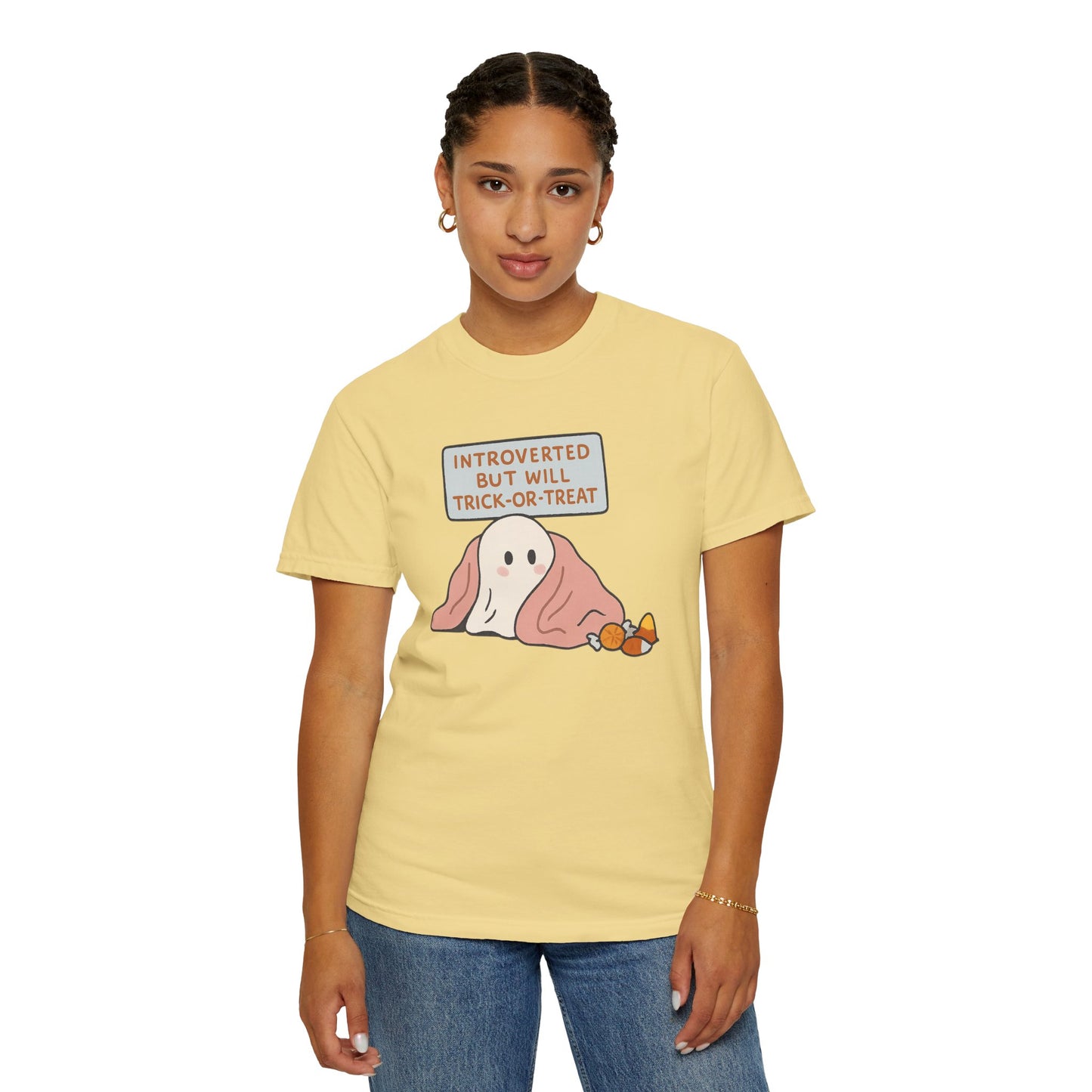"Introverted But Will Trick or Treat" Unisex Halloween Tee, Funny Trick-or-Treat Shirt, Spooky Season Apparel, Gift for Introverts