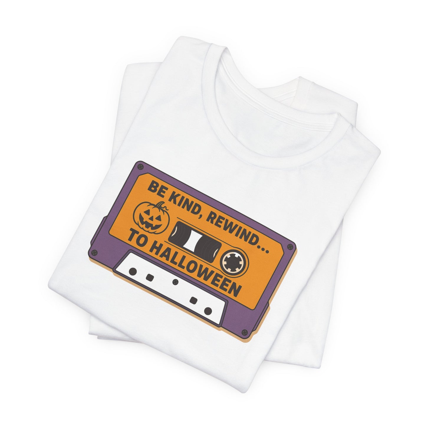 "Be Kind, Rewind to Halloween" T-Shirt, Unisex Casual Wear, Spooky Season Top, Vintage Style Shirt