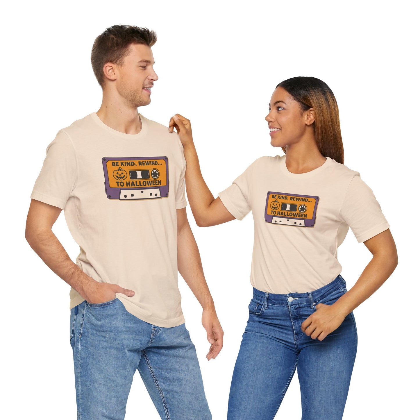 "Be Kind, Rewind to Halloween" T-Shirt, Unisex Casual Wear, Spooky Season Top, Vintage Style Shirt