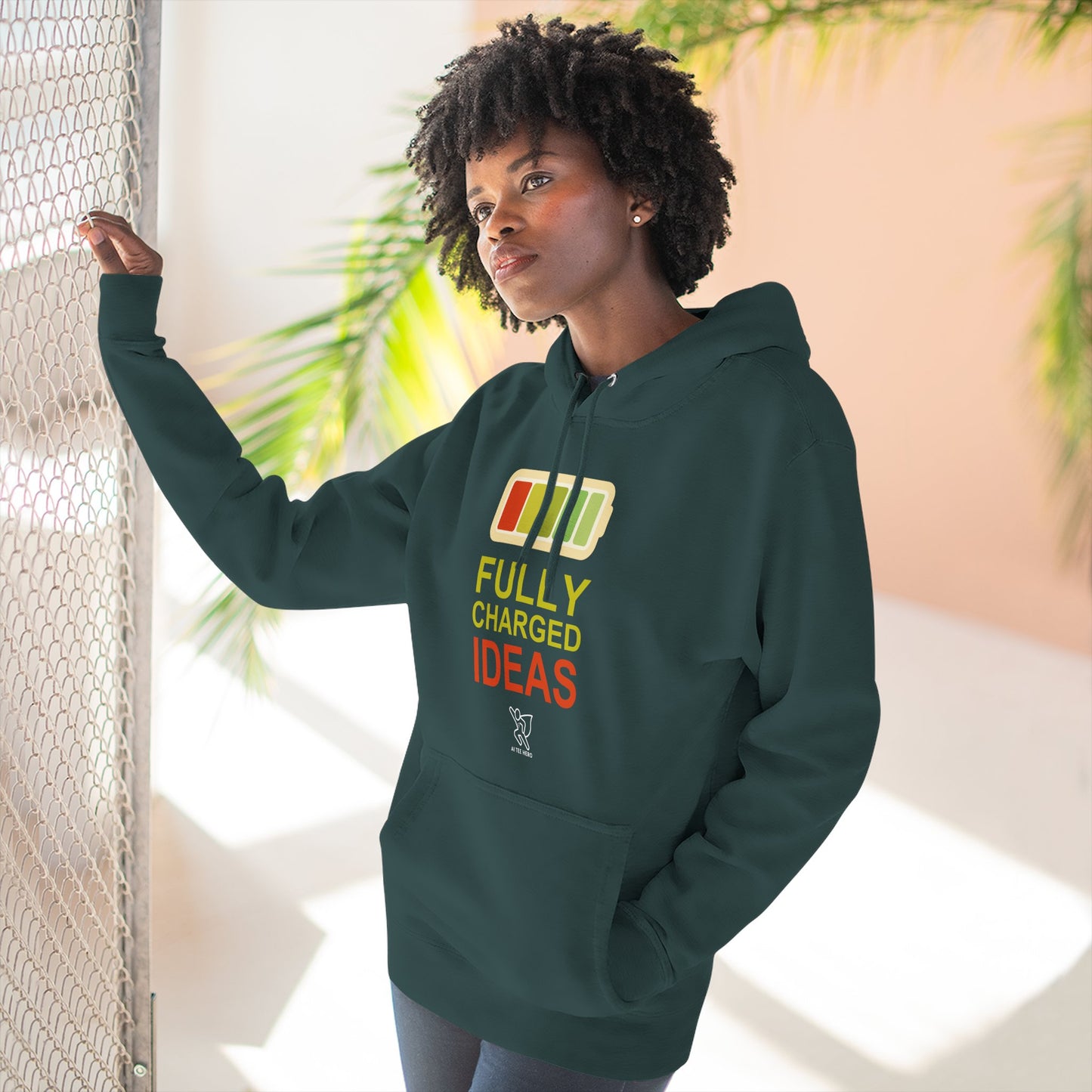 "Fully Charged Ideas" Motivational Fleece Sweatshirt, Cozy Gift for Creatives, Perfect for Inspiration, Fun Wear for All Occasions