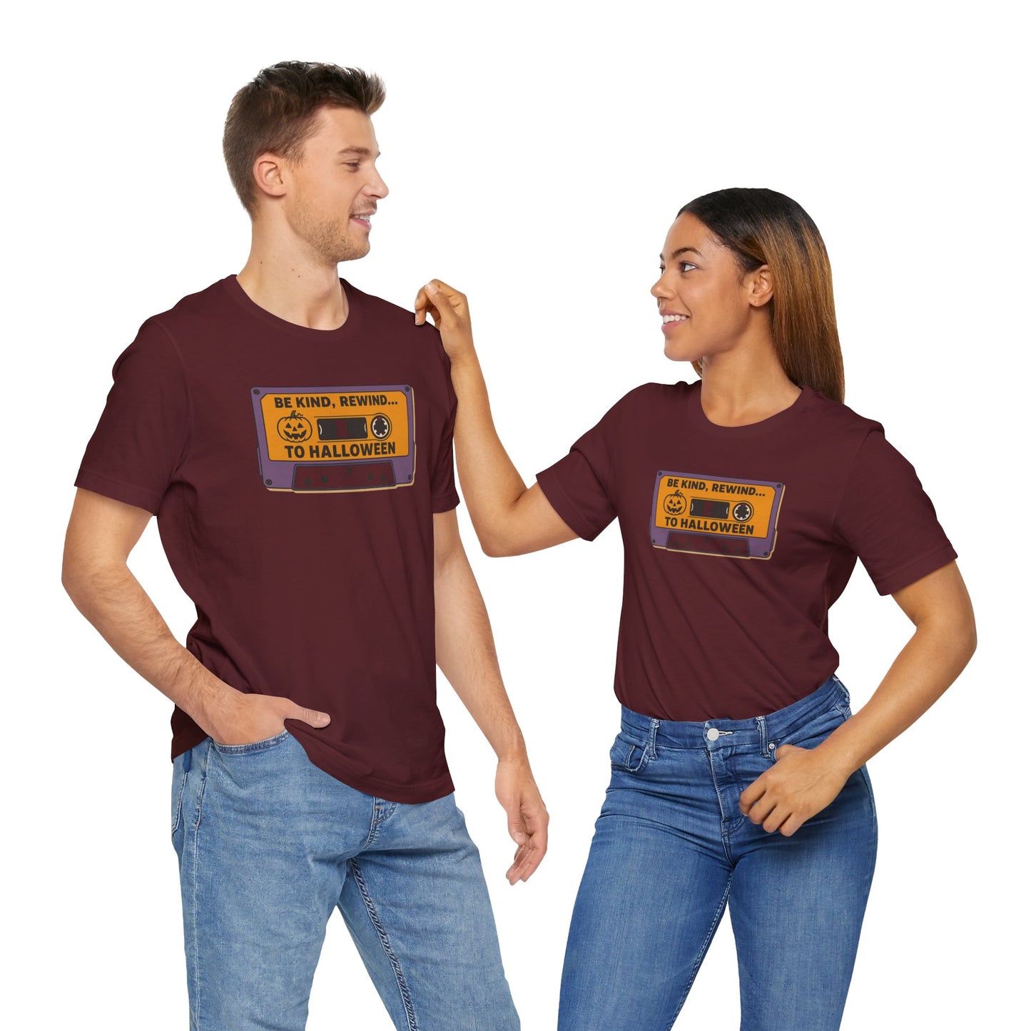"Be Kind, Rewind to Halloween" T-Shirt, Unisex Casual Wear, Spooky Season Top, Vintage Style Shirt