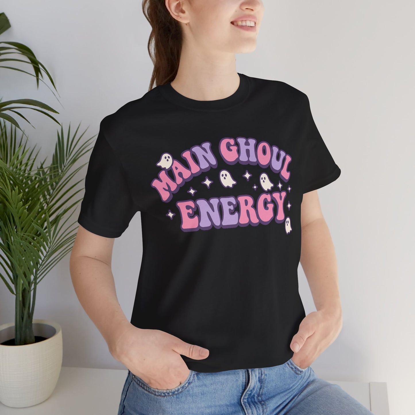 "Main Ghoul Energy" Unisex Short Sleeve T-Shirt, Halloween Party Shirt, Cute Graphic Tee, Gift for Ghost Lovers, Trendy Casual Wear