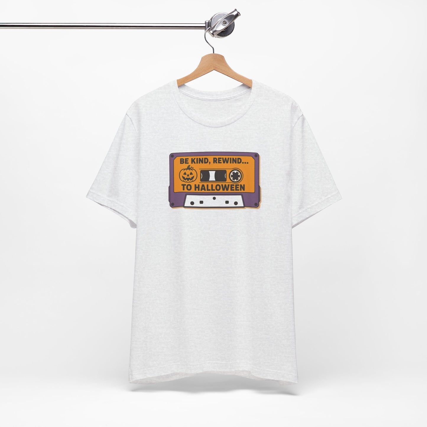 "Be Kind, Rewind to Halloween" T-Shirt, Unisex Casual Wear, Spooky Season Top, Vintage Style Shirt