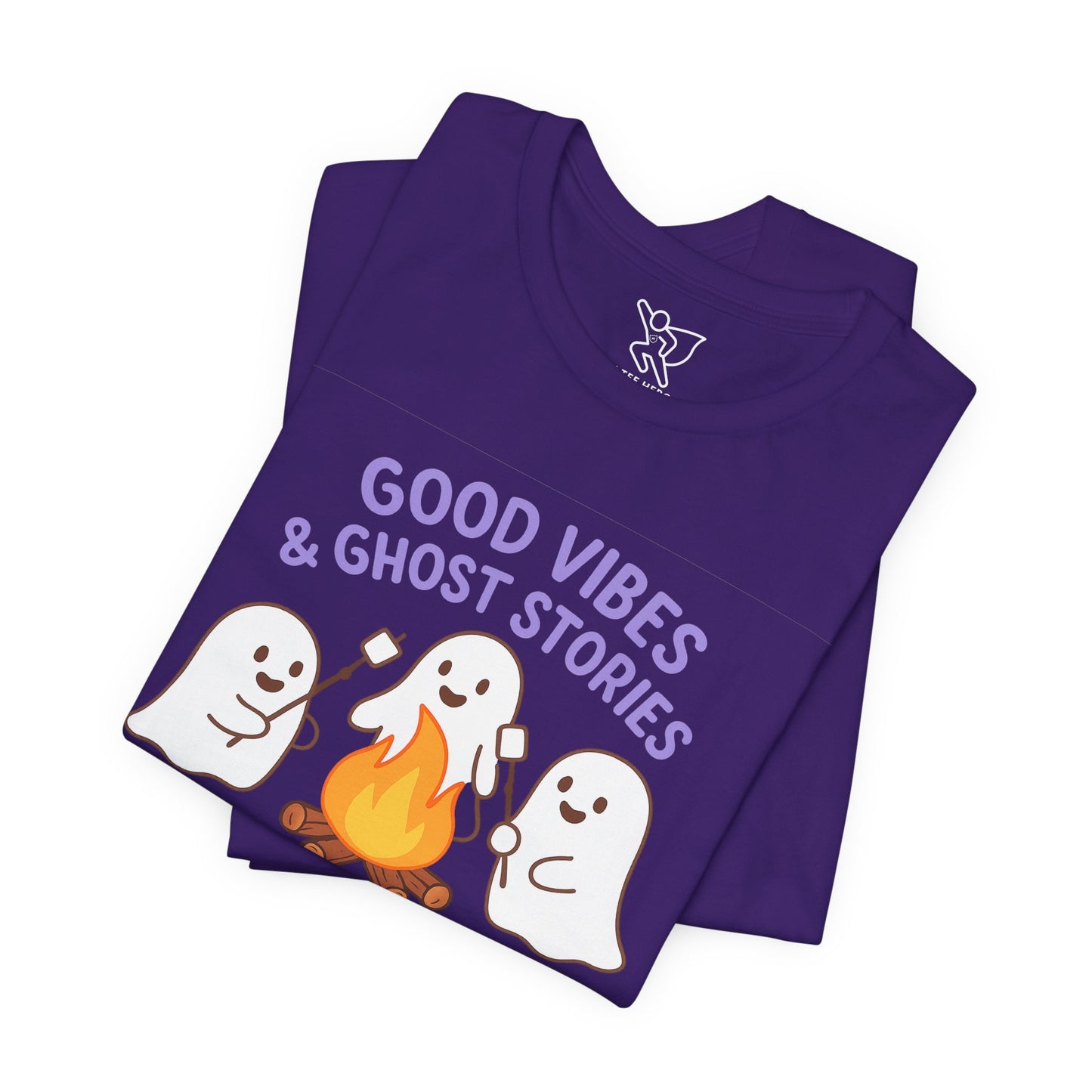 "Good Vibes & Ghost Stories" Unisex Jersey Short Sleeve Shirt for Halloween, Campfire Nights, Cozy Gatherings, Spirit Enthusiasts