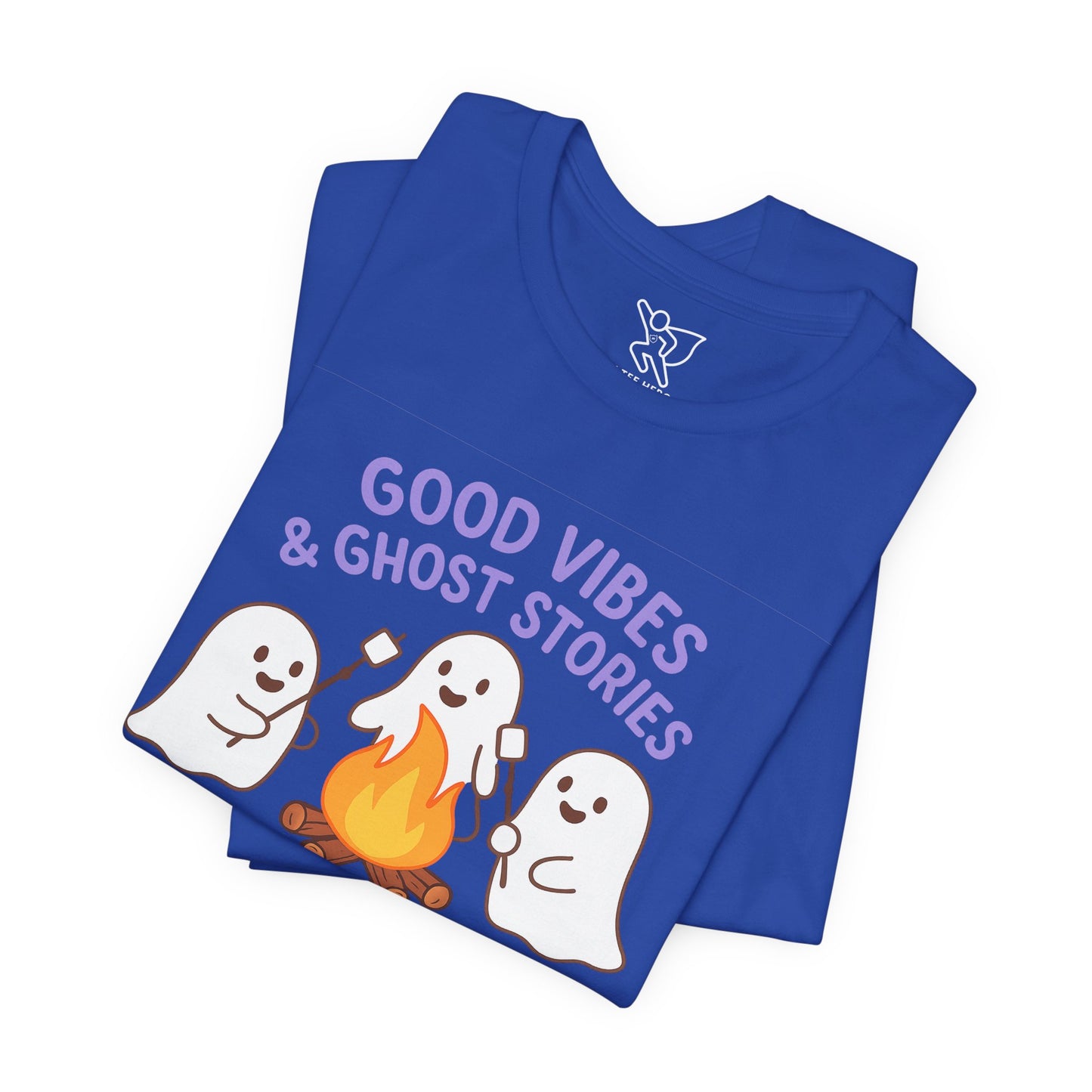 "Good Vibes & Ghost Stories" Unisex Jersey Short Sleeve Shirt for Halloween, Campfire Nights, Cozy Gatherings, Spirit Enthusiasts