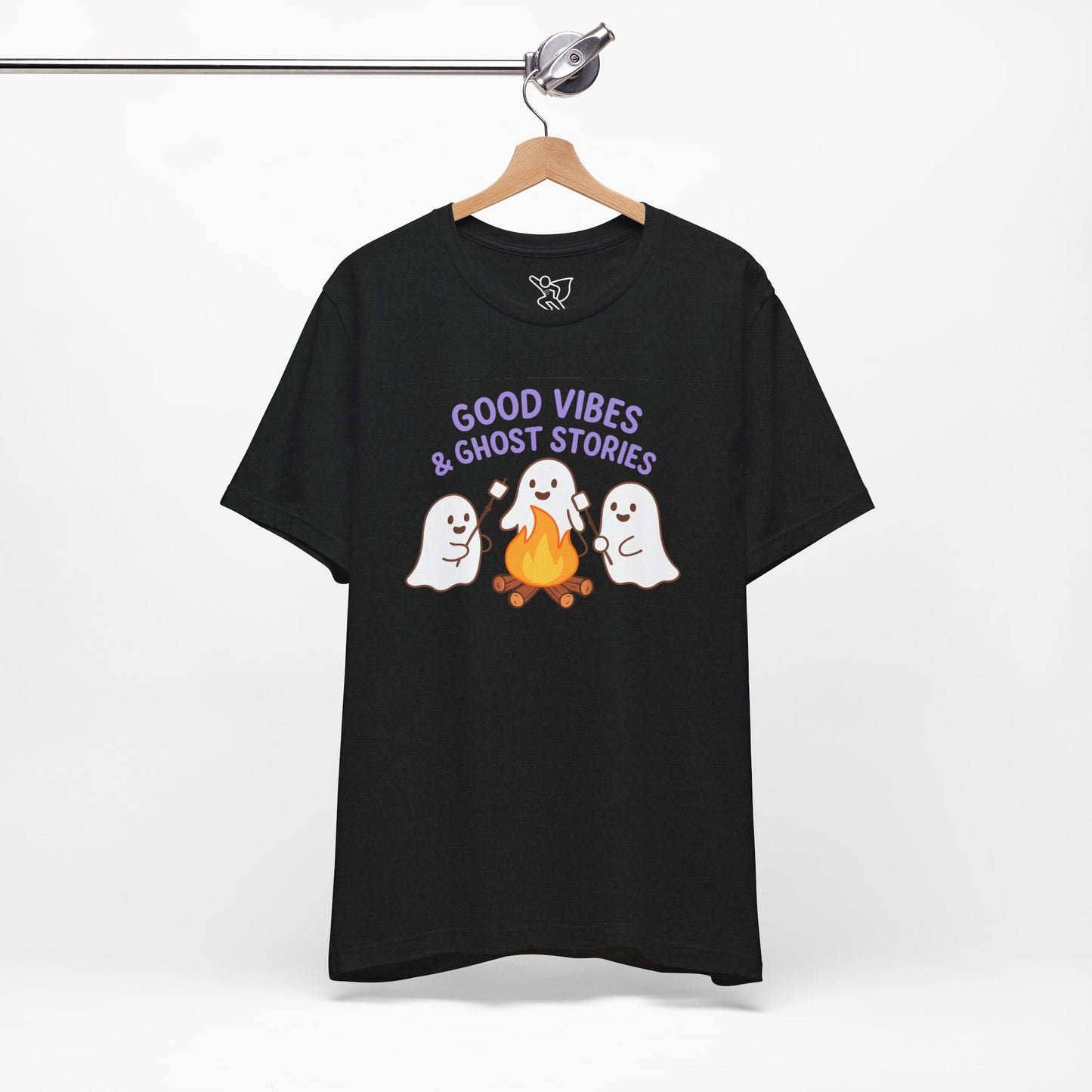 "Good Vibes & Ghost Stories" Unisex Jersey Short Sleeve Shirt for Halloween, Campfire Nights, Cozy Gatherings, Spirit Enthusiasts