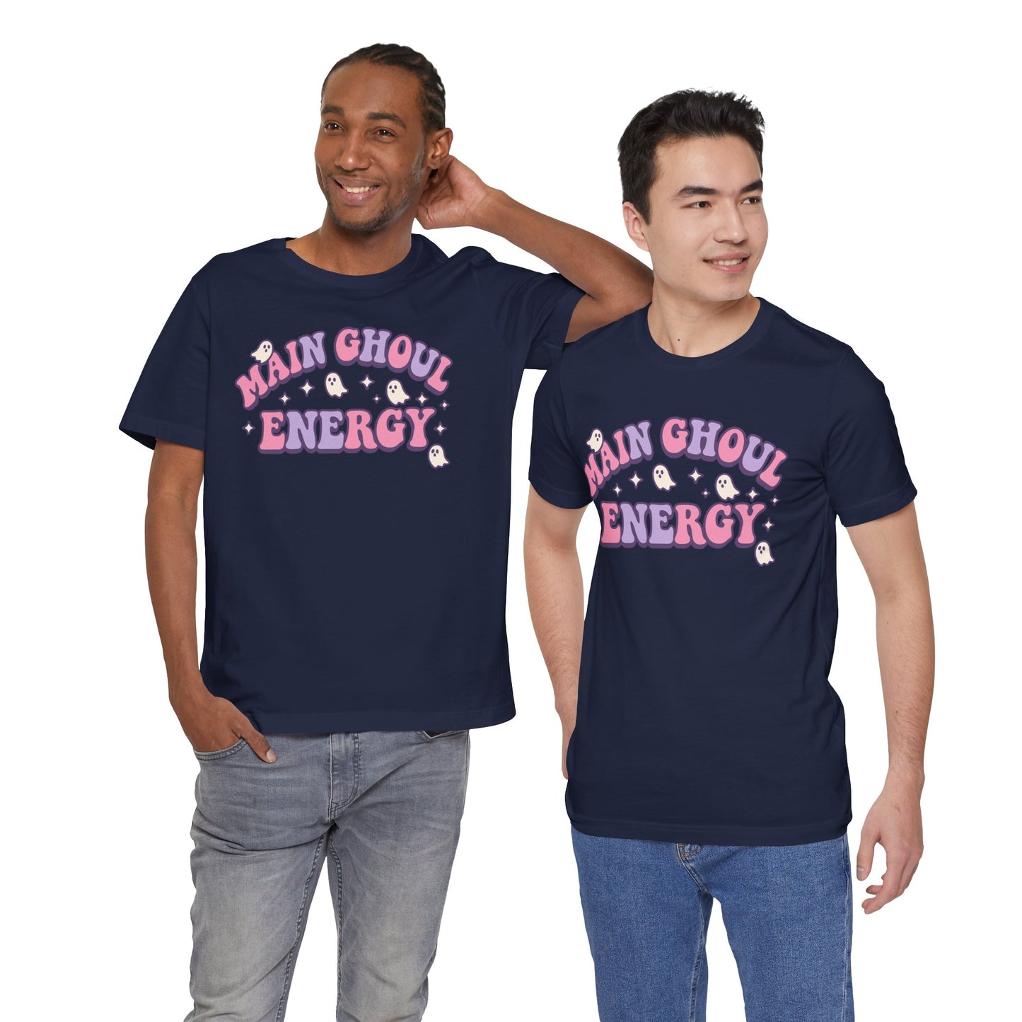 "Main Ghoul Energy" Unisex Short Sleeve T-Shirt, Halloween Party Shirt, Cute Graphic Tee, Gift for Ghost Lovers, Trendy Casual Wear