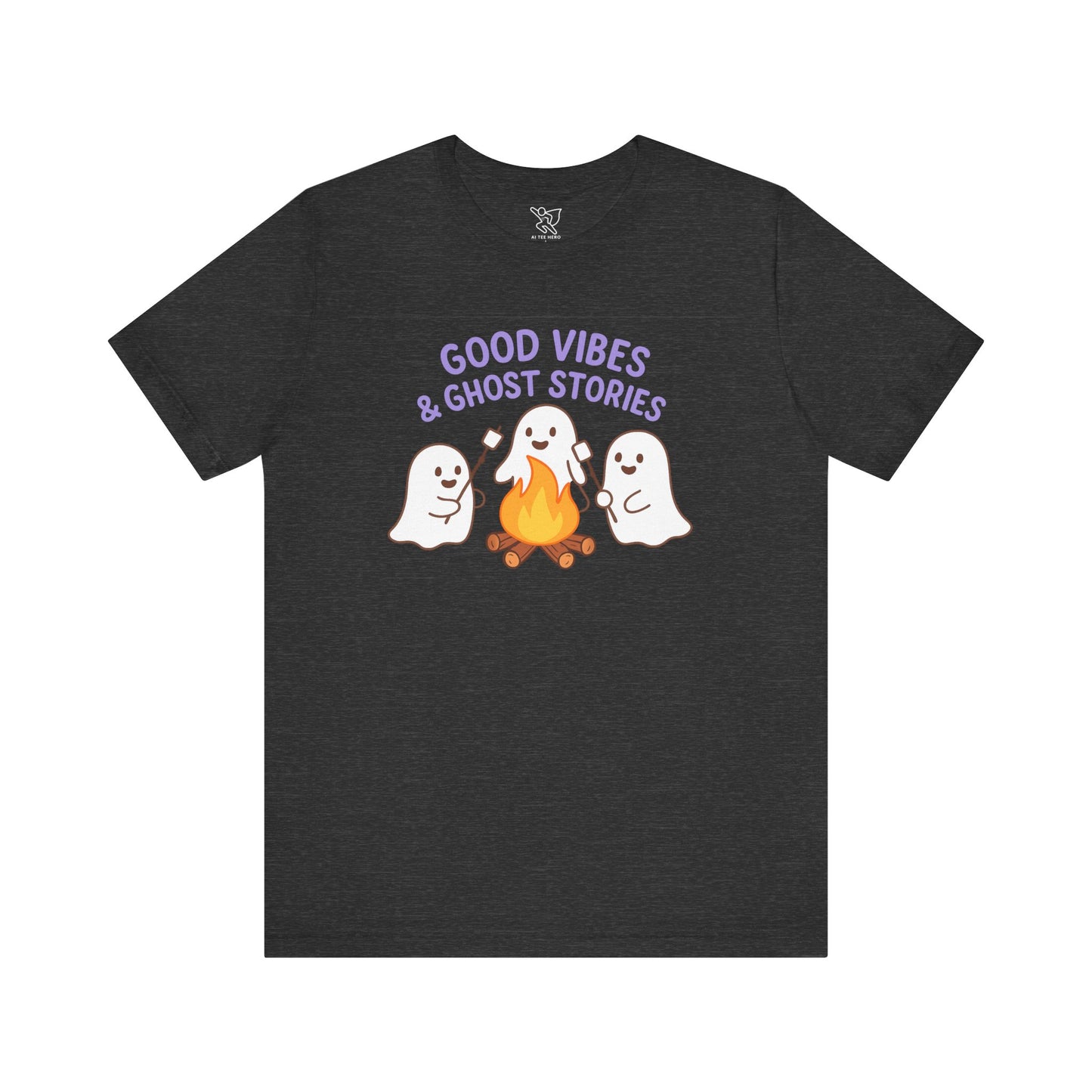 "Good Vibes & Ghost Stories" Unisex Jersey Short Sleeve Shirt for Halloween, Campfire Nights, Cozy Gatherings, Spirit Enthusiasts