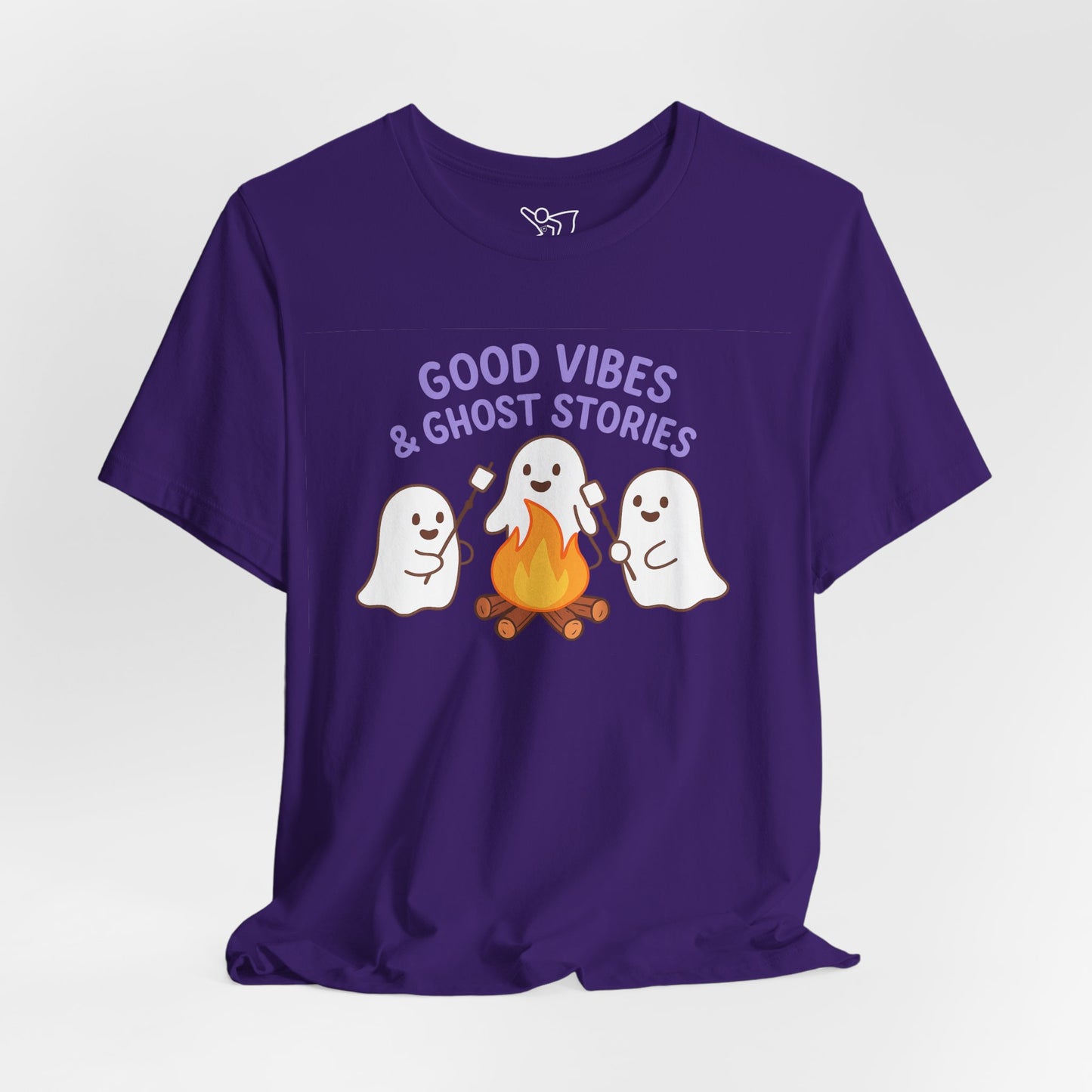 "Good Vibes & Ghost Stories" Unisex Jersey Short Sleeve Shirt for Halloween, Campfire Nights, Cozy Gatherings, Spirit Enthusiasts