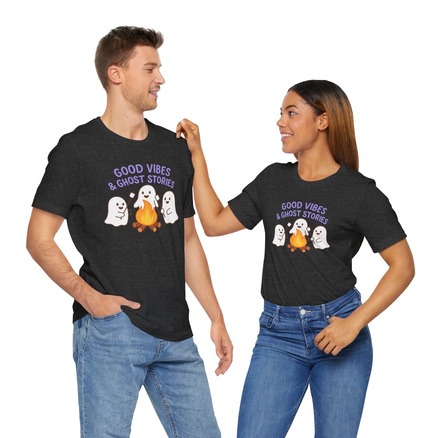 "Good Vibes & Ghost Stories" Unisex Jersey Short Sleeve Shirt for Halloween, Campfire Nights, Cozy Gatherings, Spirit Enthusiasts