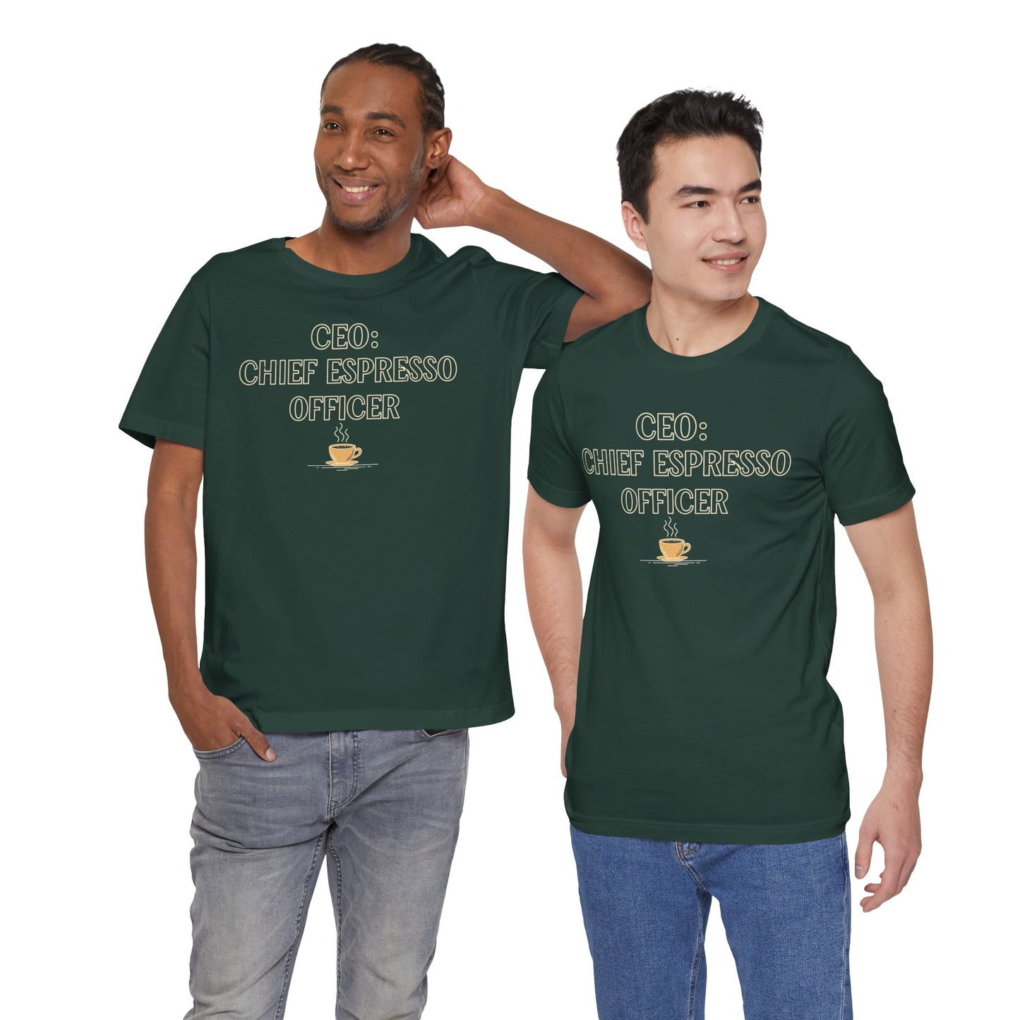 "CEO: Chief Espresso Officer" CW-1 Unisex Jersey T-Shirt for Baristas, Funny Coffee Shirt for Gifts, Perfect for Birthdays, Coffee Shop Outfits