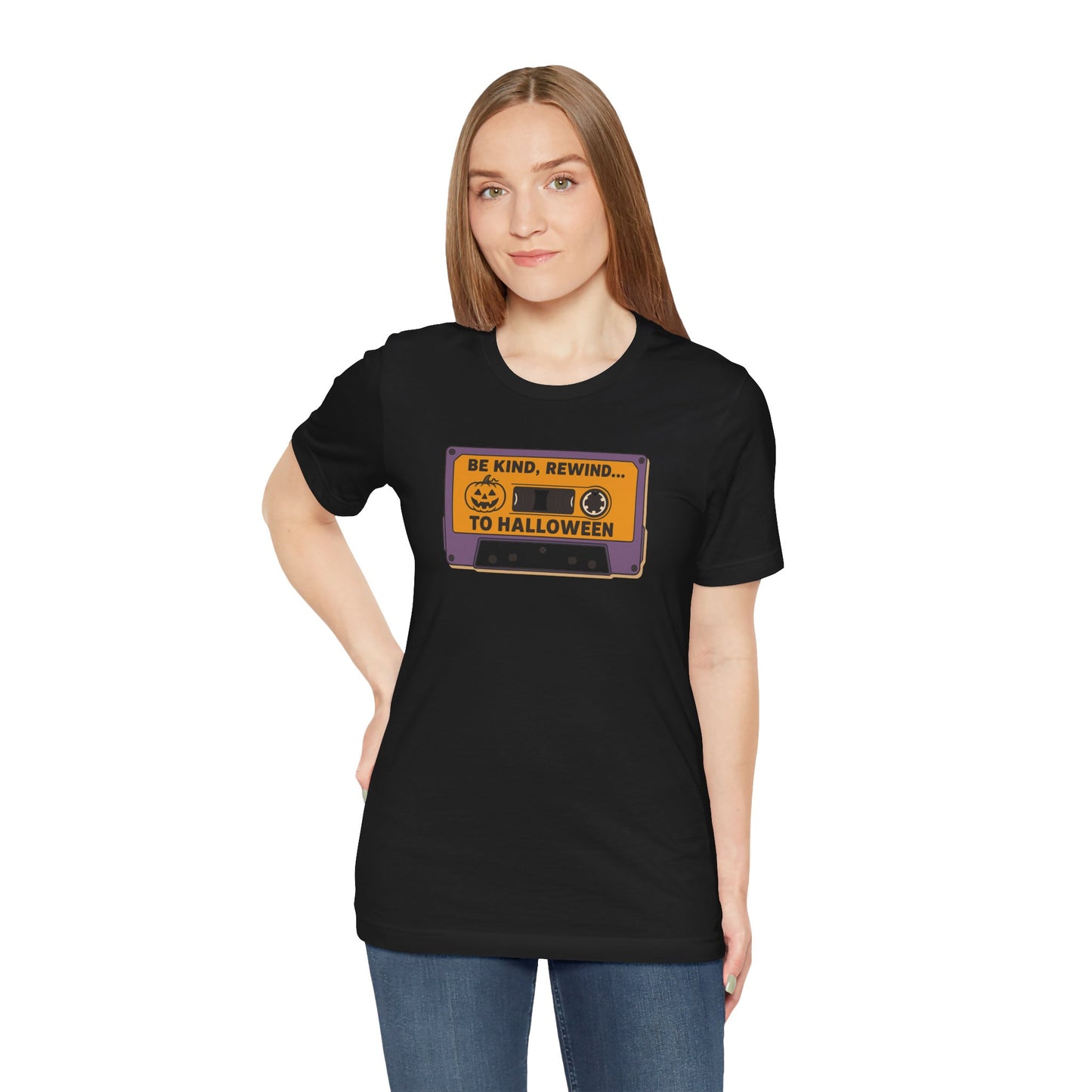 "Be Kind, Rewind to Halloween" T-Shirt, Unisex Casual Wear, Spooky Season Top, Vintage Style Shirt