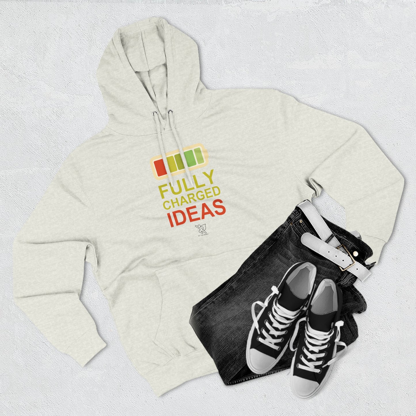 "Fully Charged Ideas" Motivational Fleece Sweatshirt, Cozy Gift for Creatives, Perfect for Inspiration, Fun Wear for All Occasions