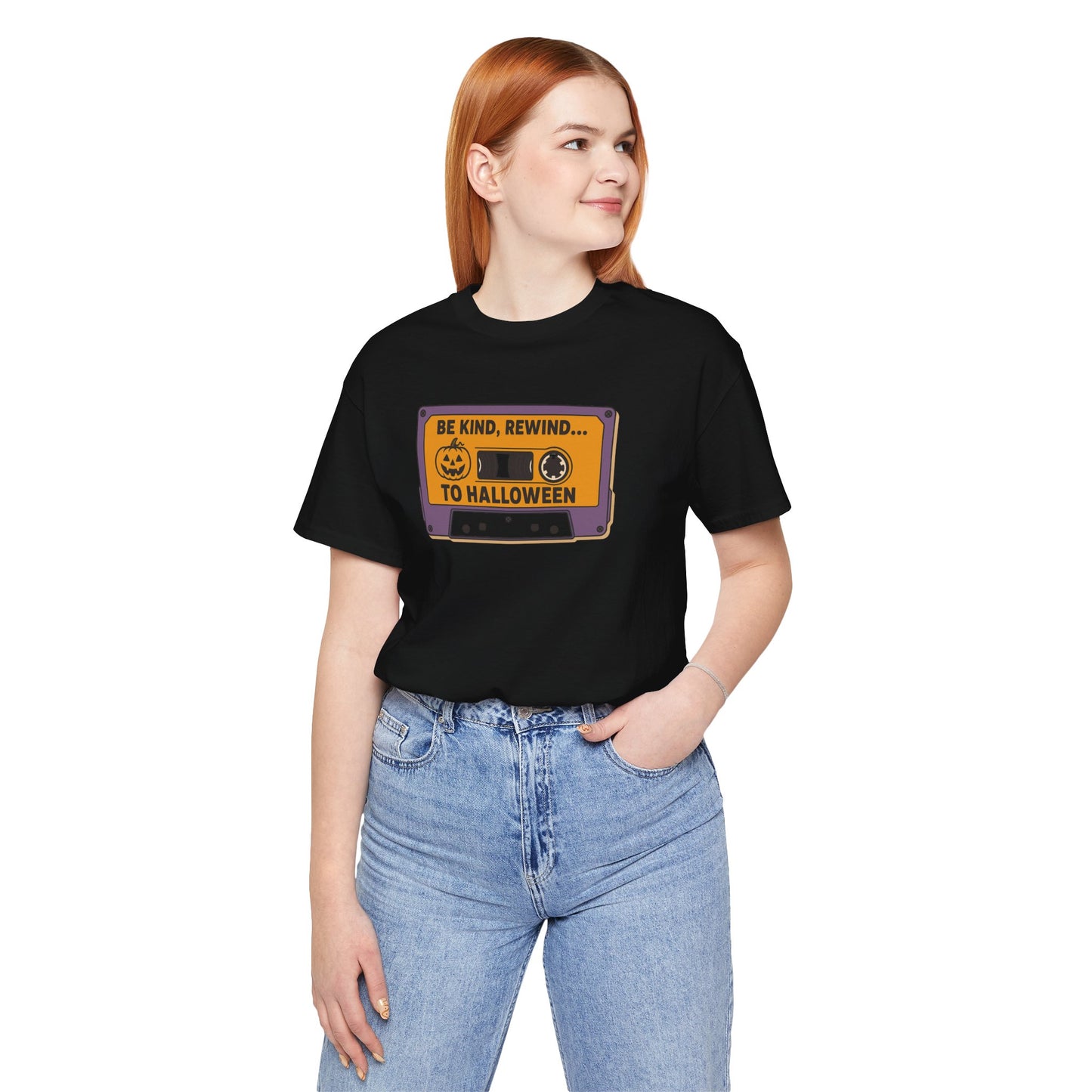 "Be Kind, Rewind to Halloween" T-Shirt, Unisex Casual Wear, Spooky Season Top, Vintage Style Shirt