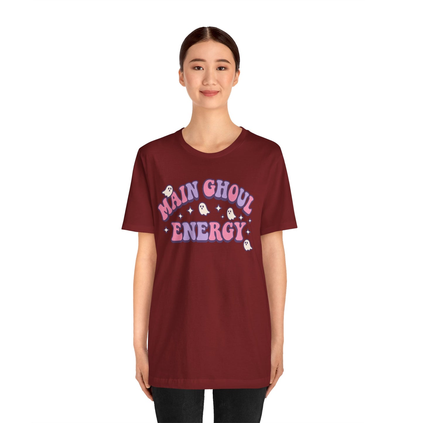 "Main Ghoul Energy" Unisex Short Sleeve T-Shirt, Halloween Party Shirt, Cute Graphic Tee, Gift for Ghost Lovers, Trendy Casual Wear