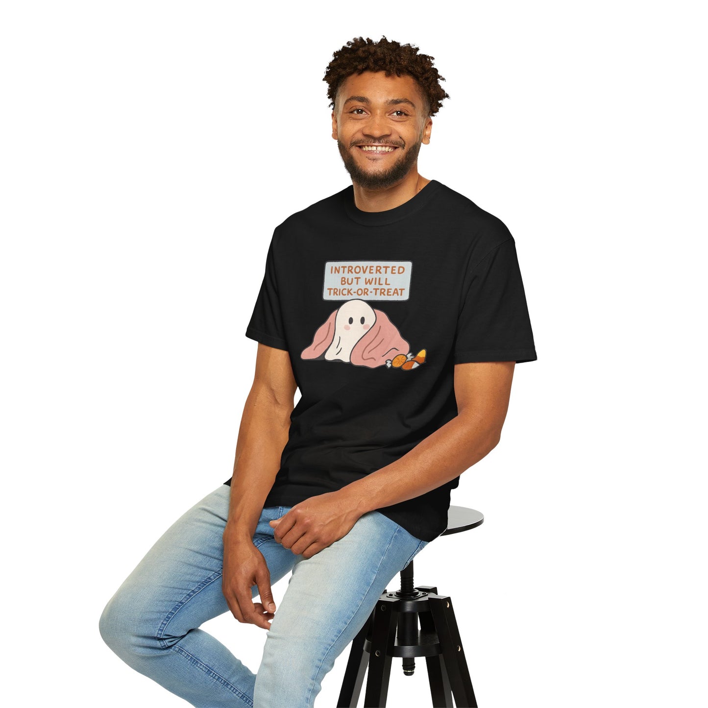 "Introverted But Will Trick or Treat" Unisex Halloween Tee, Funny Trick-or-Treat Shirt, Spooky Season Apparel, Gift for Introverts