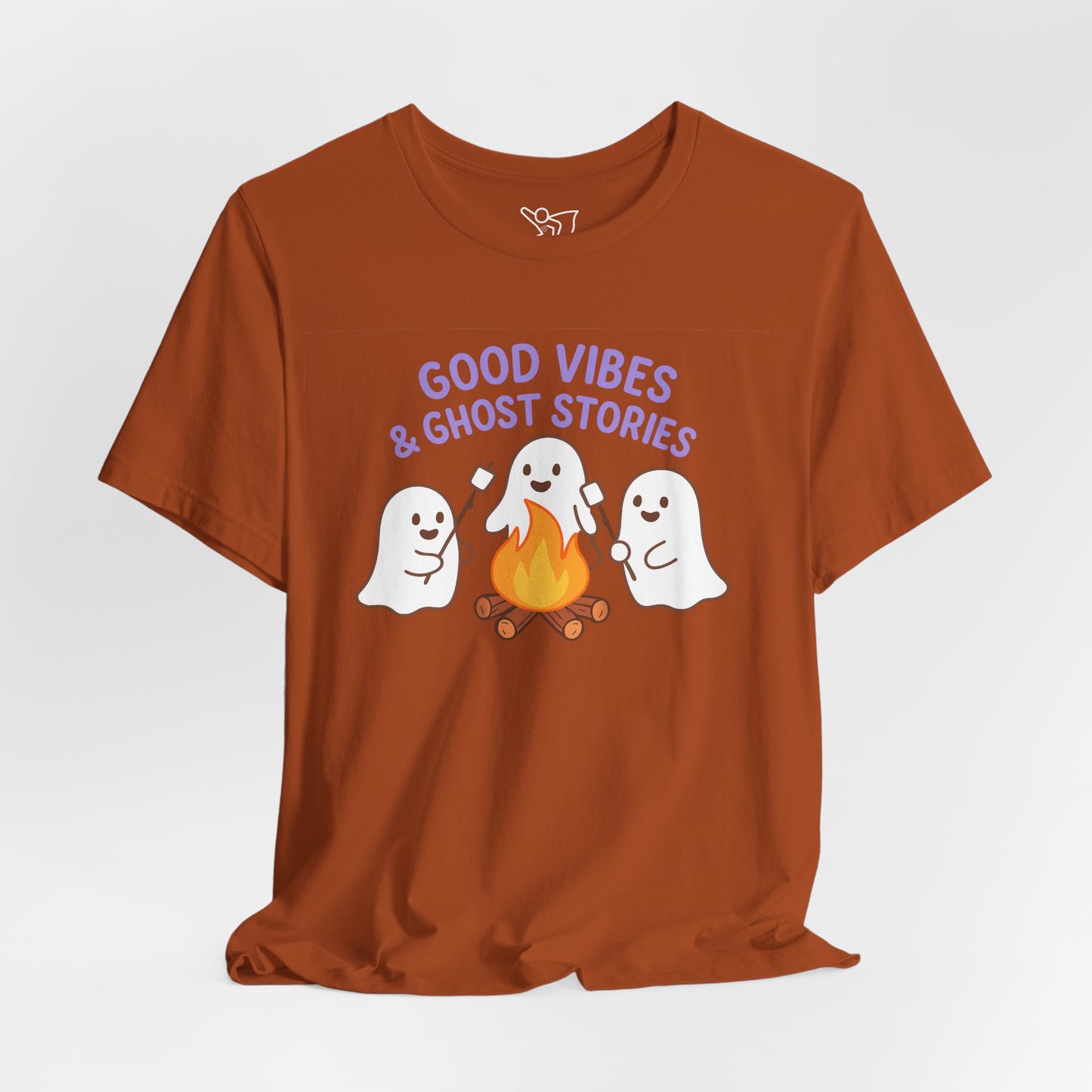 "Good Vibes & Ghost Stories" Unisex Jersey Short Sleeve Shirt for Halloween, Campfire Nights, Cozy Gatherings, Spirit Enthusiasts