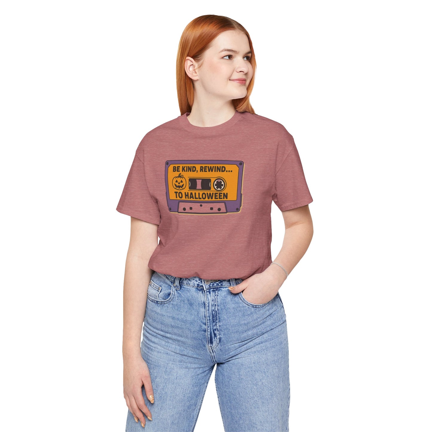 "Be Kind, Rewind to Halloween" T-Shirt, Unisex Casual Wear, Spooky Season Top, Vintage Style Shirt