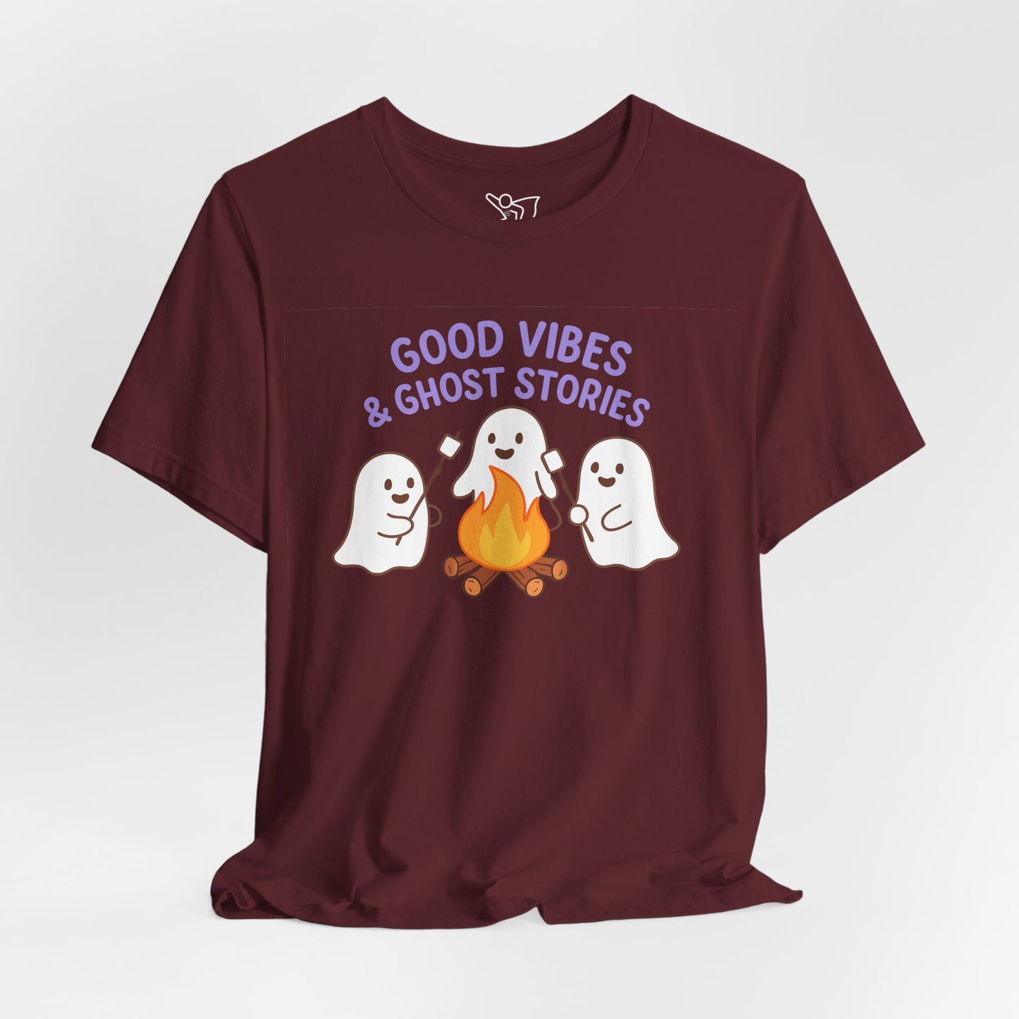 "Good Vibes & Ghost Stories" Unisex Jersey Short Sleeve Shirt for Halloween, Campfire Nights, Cozy Gatherings, Spirit Enthusiasts