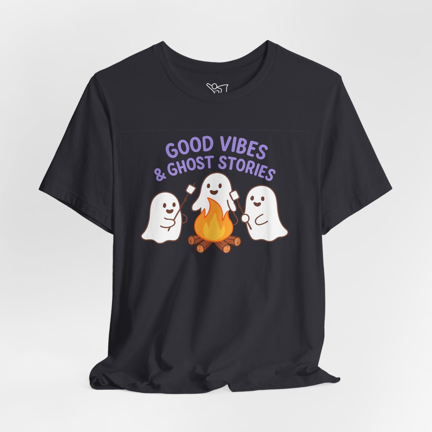 "Good Vibes & Ghost Stories" Unisex Jersey Short Sleeve Shirt for Halloween, Campfire Nights, Cozy Gatherings, Spirit Enthusiasts
