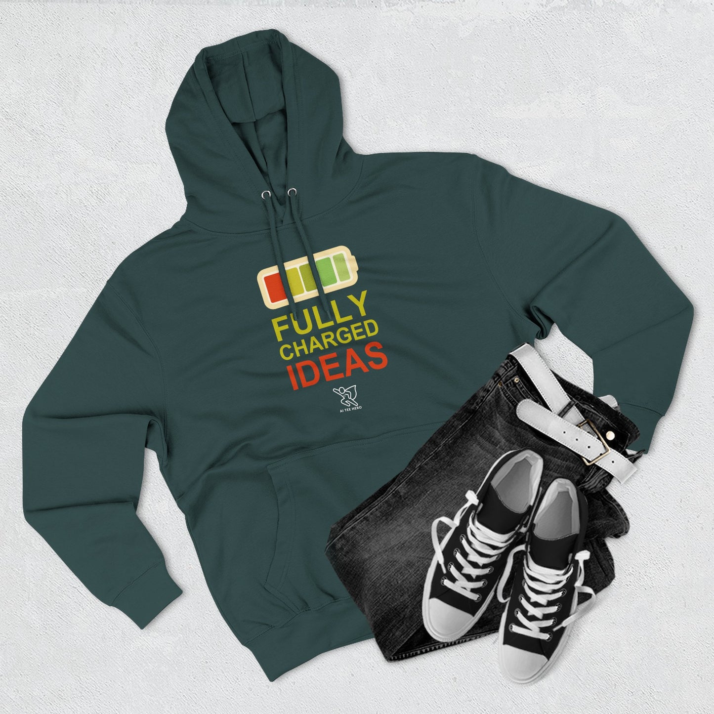 "Fully Charged Ideas" Motivational Fleece Sweatshirt, Cozy Gift for Creatives, Perfect for Inspiration, Fun Wear for All Occasions