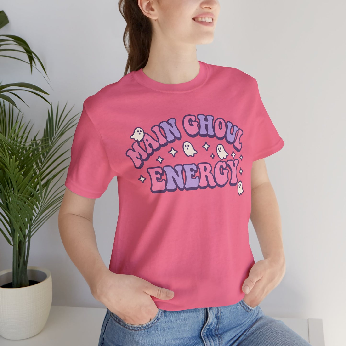 "Main Ghoul Energy" Unisex Short Sleeve T-Shirt, Halloween Party Shirt, Cute Graphic Tee, Gift for Ghost Lovers, Trendy Casual Wear
