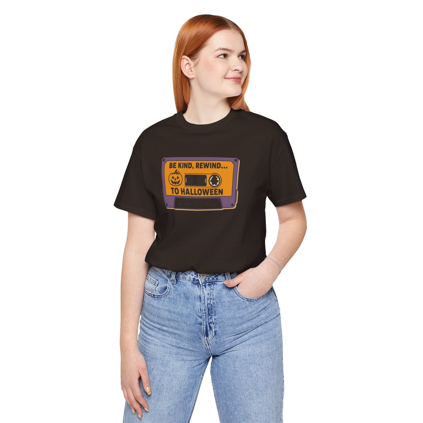 "Be Kind, Rewind to Halloween" T-Shirt, Unisex Casual Wear, Spooky Season Top, Vintage Style Shirt