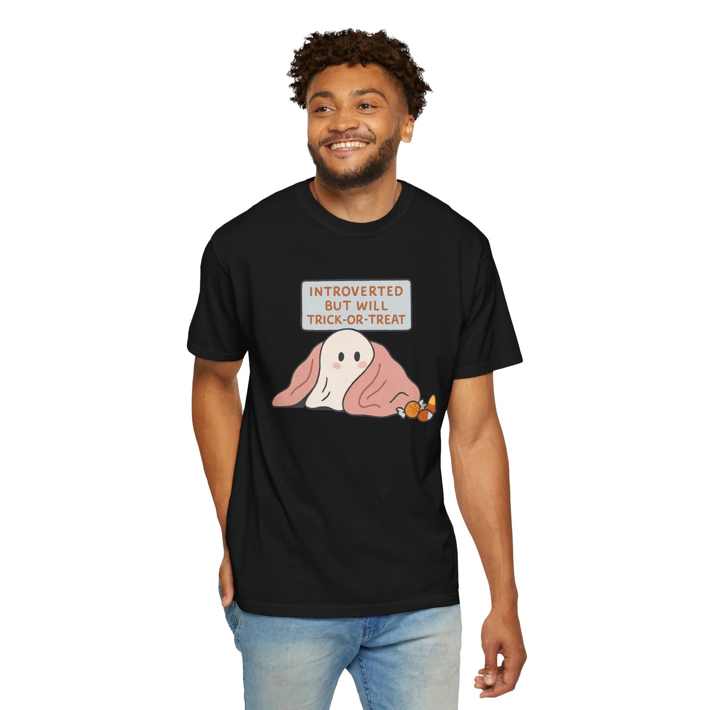 "Introverted But Will Trick or Treat" Unisex Halloween Tee, Funny Trick-or-Treat Shirt, Spooky Season Apparel, Gift for Introverts