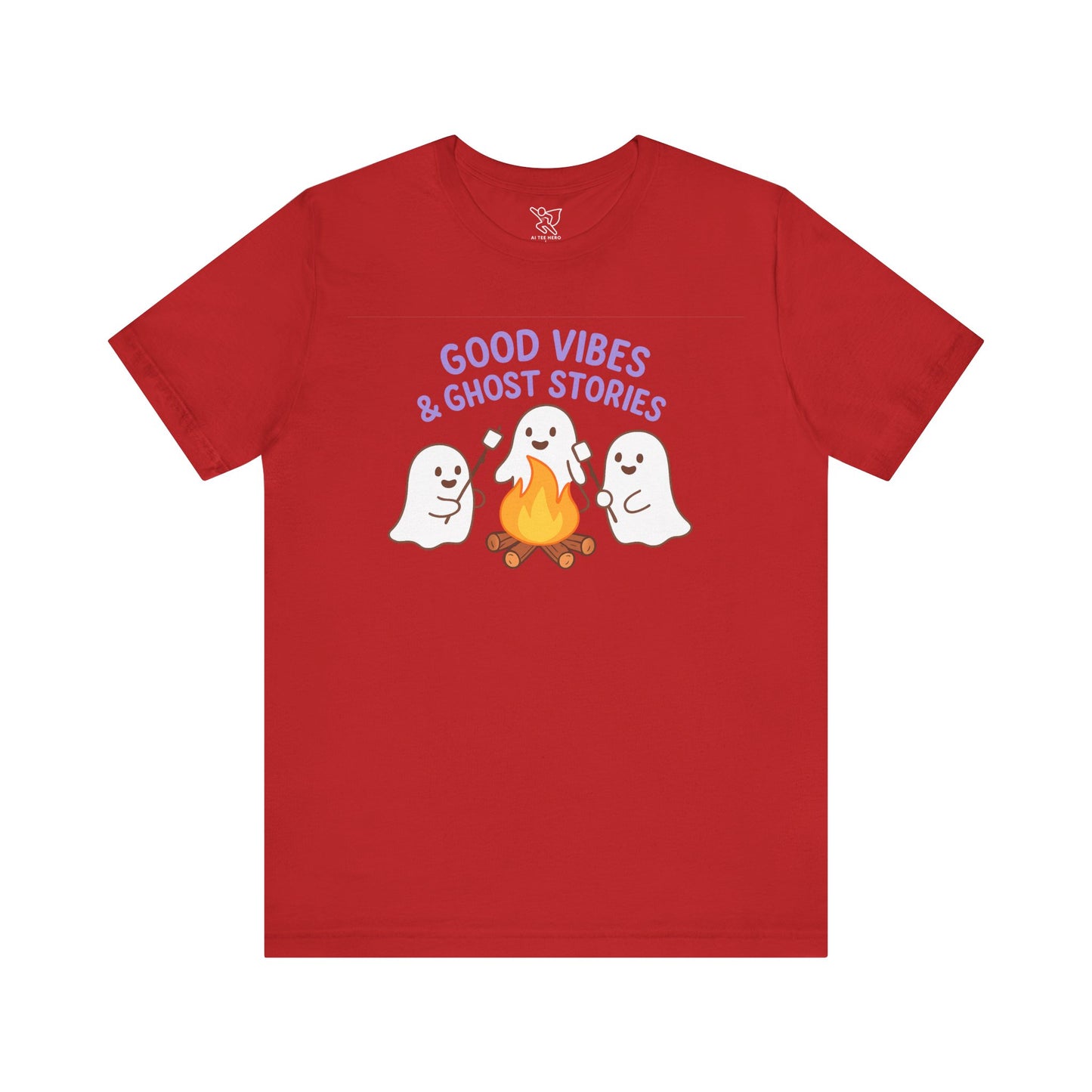 "Good Vibes & Ghost Stories" Unisex Jersey Short Sleeve Shirt for Halloween, Campfire Nights, Cozy Gatherings, Spirit Enthusiasts