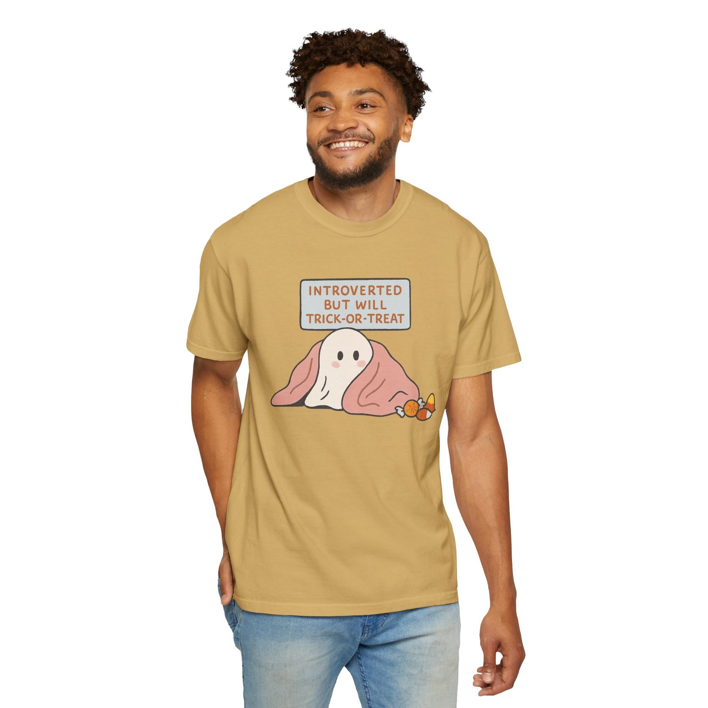 "Introverted But Will Trick or Treat" Unisex Halloween Tee, Funny Trick-or-Treat Shirt, Spooky Season Apparel, Gift for Introverts